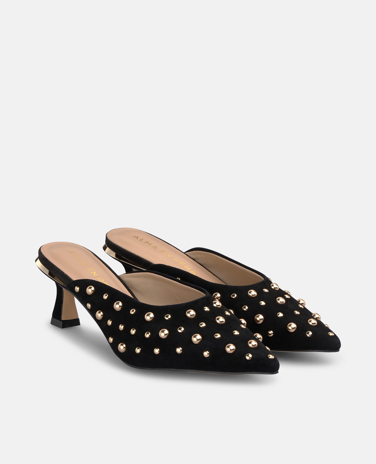Mules con tacón de mujer en ante con tachas metálicas - Negro Negro-3