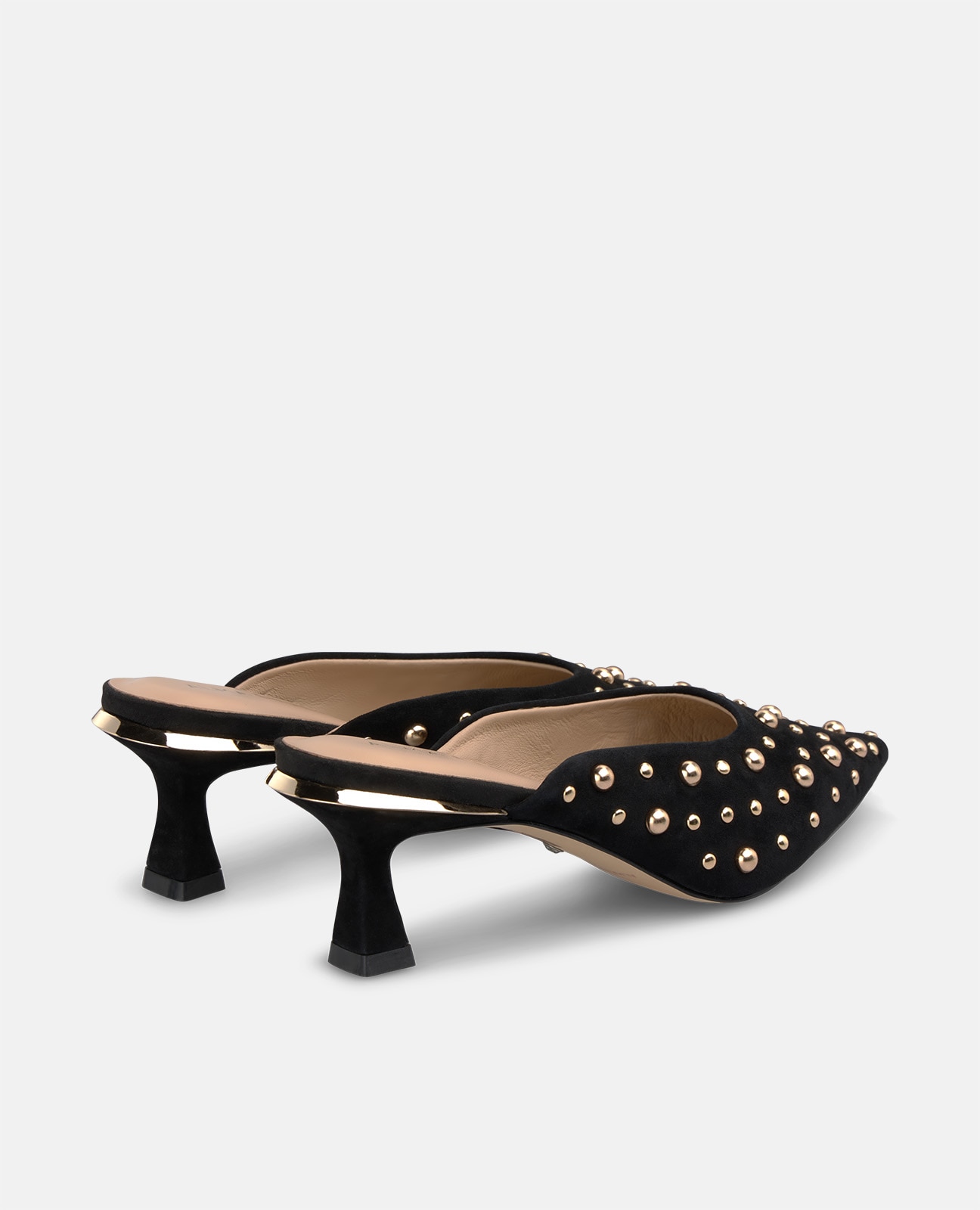 Mules con tacón de mujer en ante con tachas metálicas - Negro Negro-2