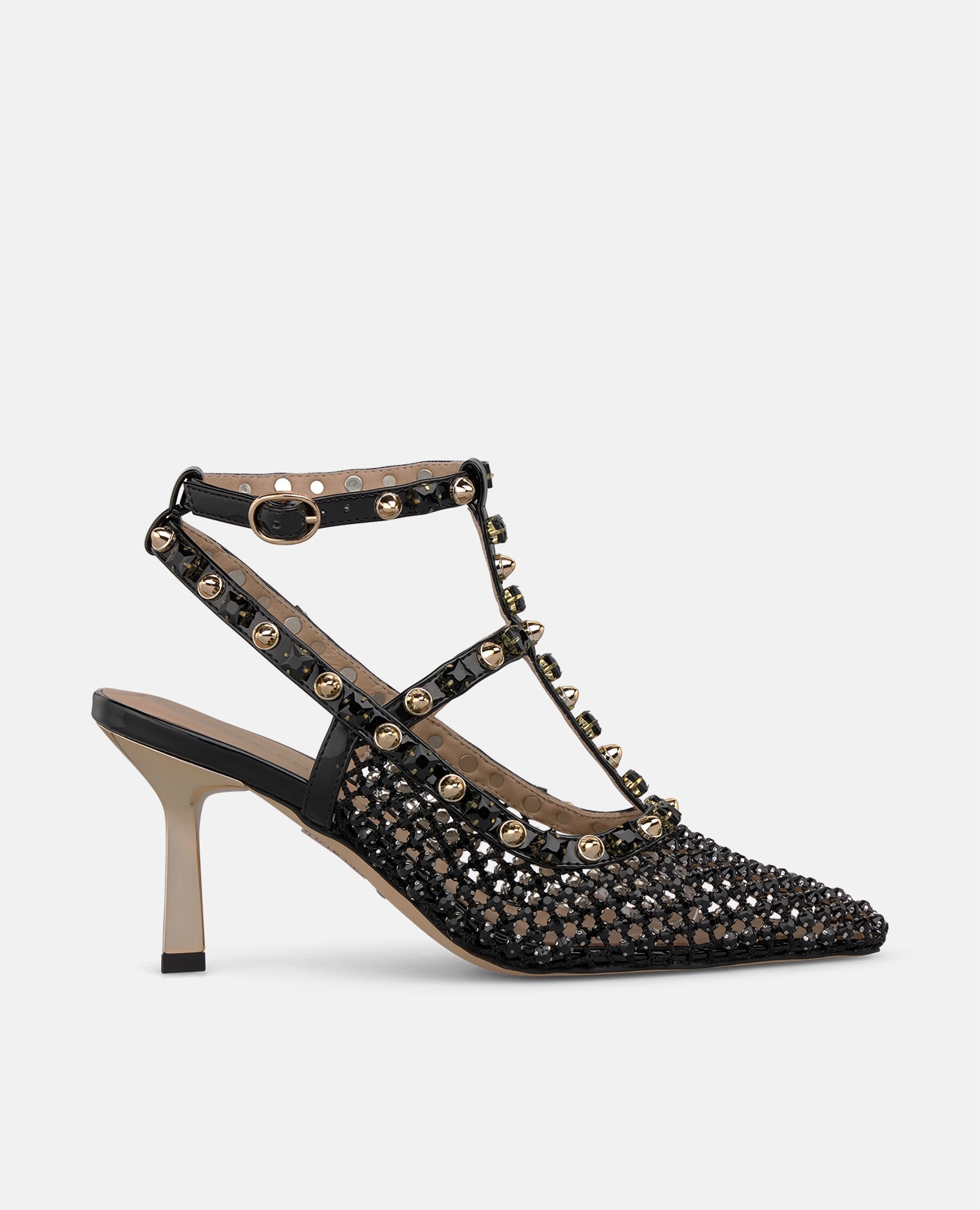 Zapato de salón de mujer en rejilla con tachas metálicas - Alma en Pena - Negro Negro-1