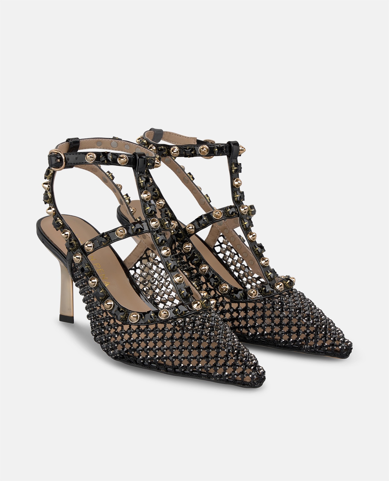 Zapato de salón de mujer en rejilla con tachas metálicas - Alma en Pena - Negro Negro-3