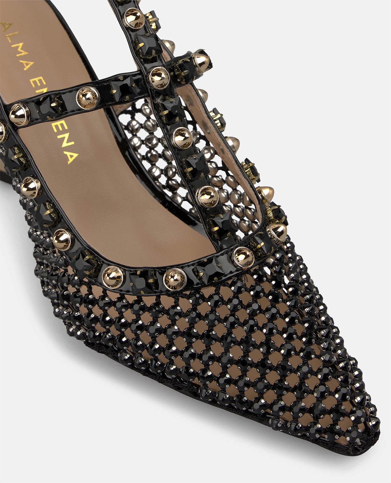 Zapato de salón de mujer en rejilla con tachas metálicas - Alma en Pena - Negro Negro-4