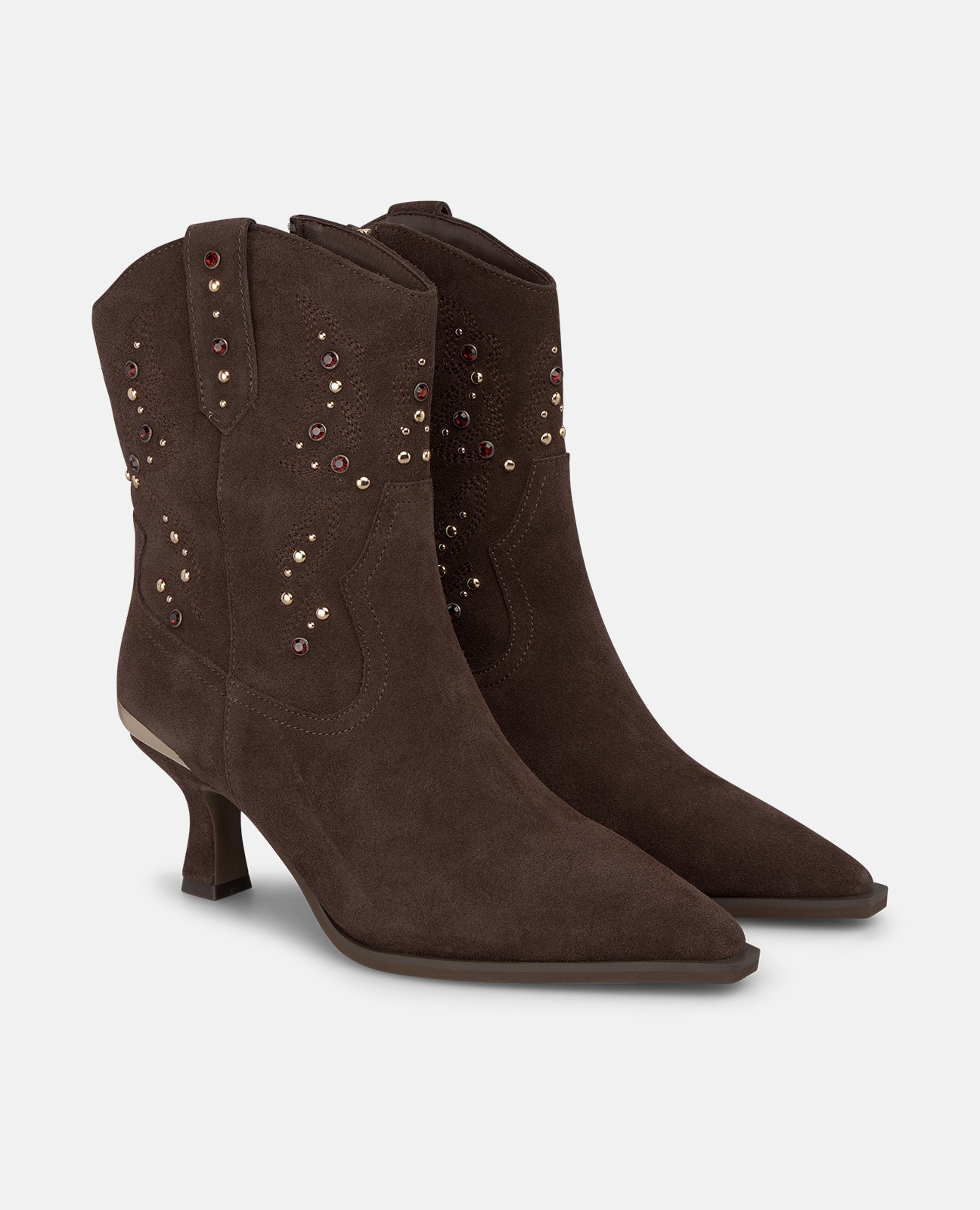 Botines cowboy de mujer en ante con tachas metálicas - Marrón Marrón-3