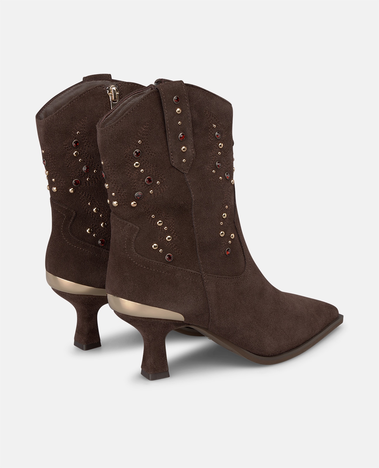 Botines cowboy de mujer en ante con tachas metálicas - Marrón Marrón-2