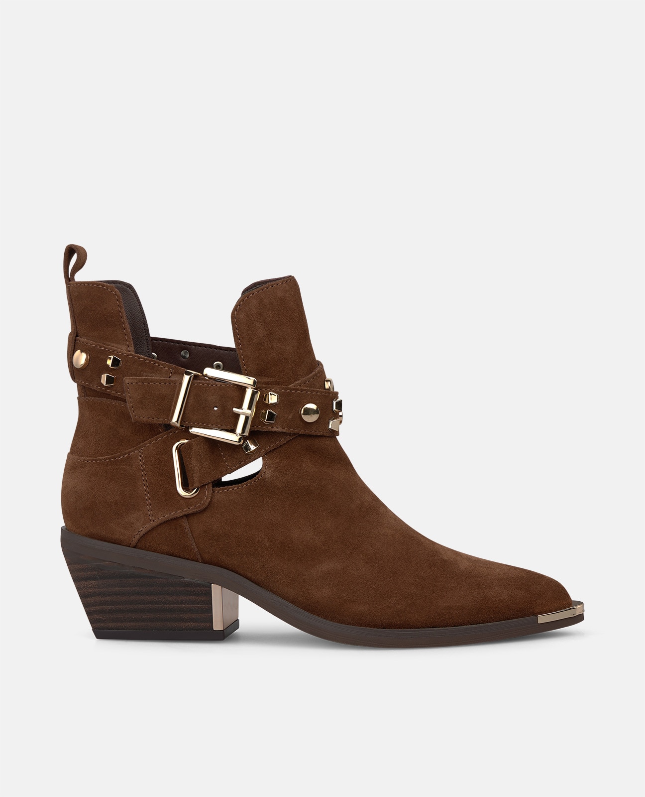 Botines básicos de mujer en ante con cierre de hebilla y tachas metálicas - Camel Camel-1