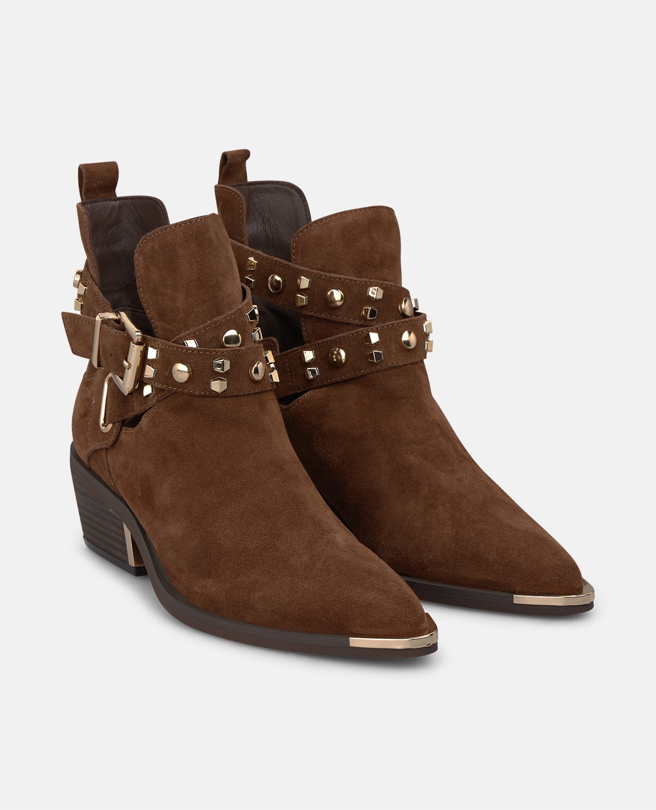 Botines básicos de mujer en ante con cierre de hebilla y tachas metálicas - Camel Camel-3