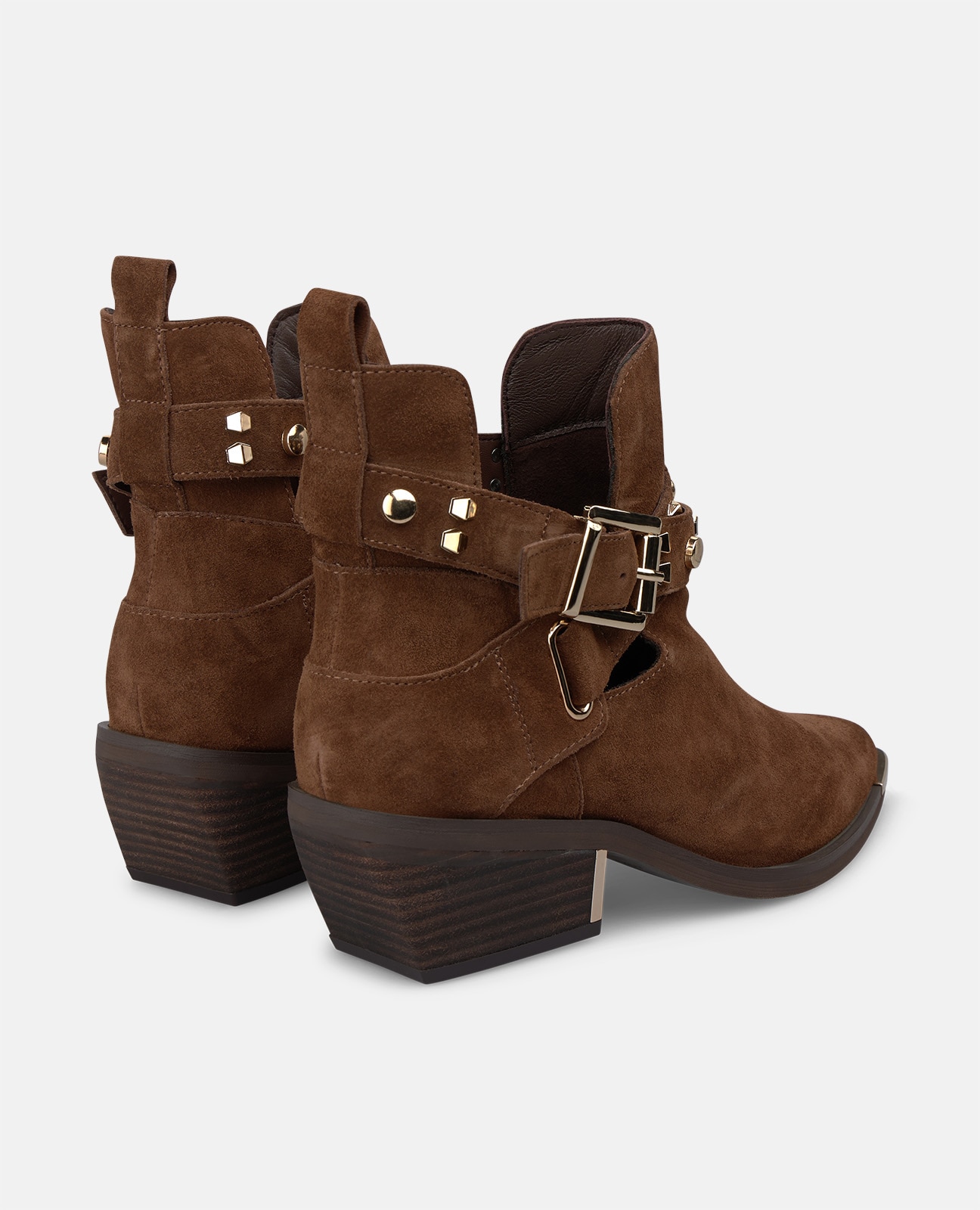 Botines básicos de mujer en ante con cierre de hebilla y tachas metálicas - Camel Camel-2