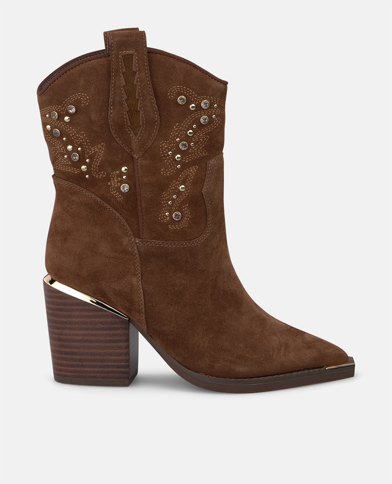 Botines cowboy de mujer en ante con detalles pedrería - Alma en Pena - Camel Camel-1