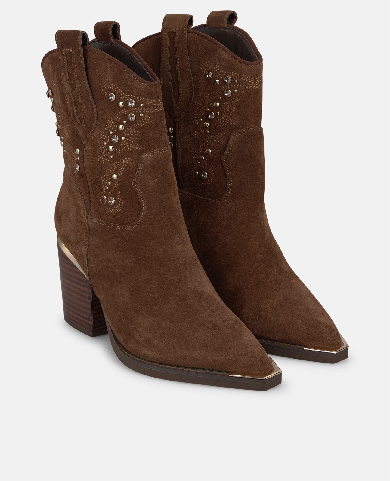Botines cowboy de mujer en ante con detalles pedrería - Alma en Pena - Camel Camel-3