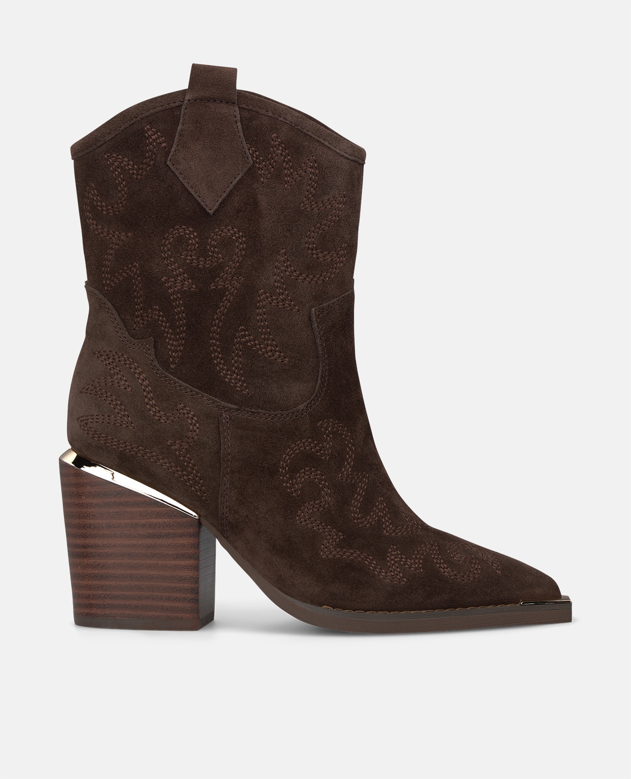 Botines cowboy de mujer en ante con cremallera lateral y detalles bordados - Alma en Pena - Marrón Marrón-1