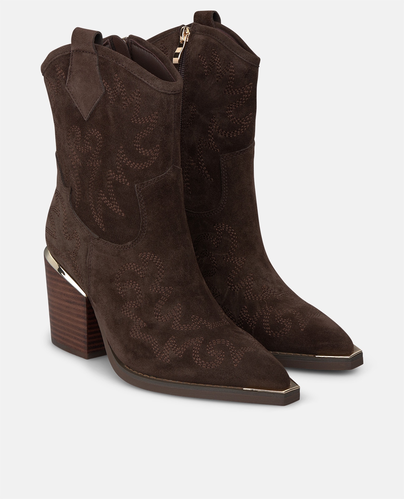 Botines cowboy de mujer en ante con cremallera lateral y detalles bordados - Alma en Pena - Marrón Marrón-3