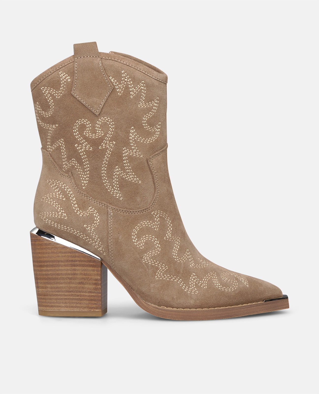 Botines cowboy de mujer en ante con cremallera lateral y detalles bordados - Alma en Pena - Visón Visón-1