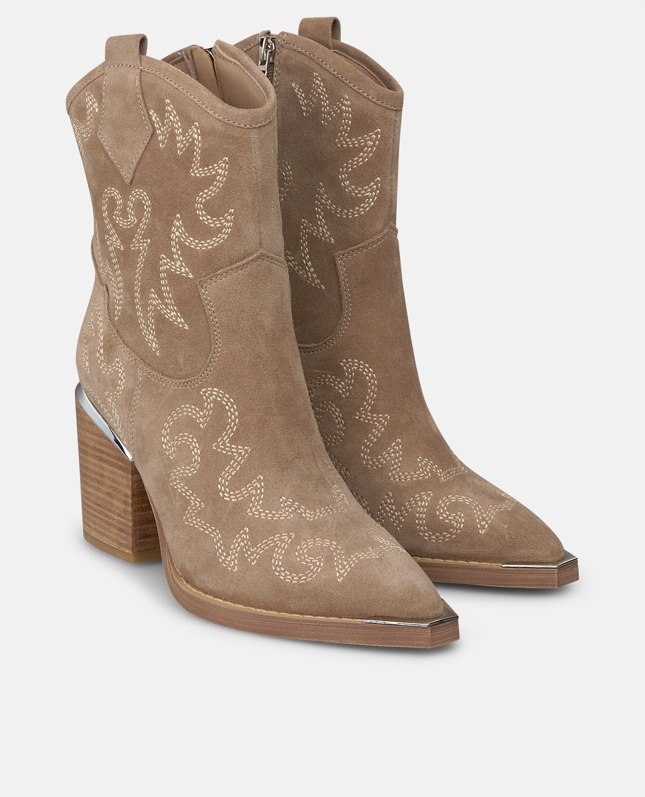 Botines cowboy de mujer en ante con cremallera lateral y detalles bordados - Alma en Pena - Visón Visón-3