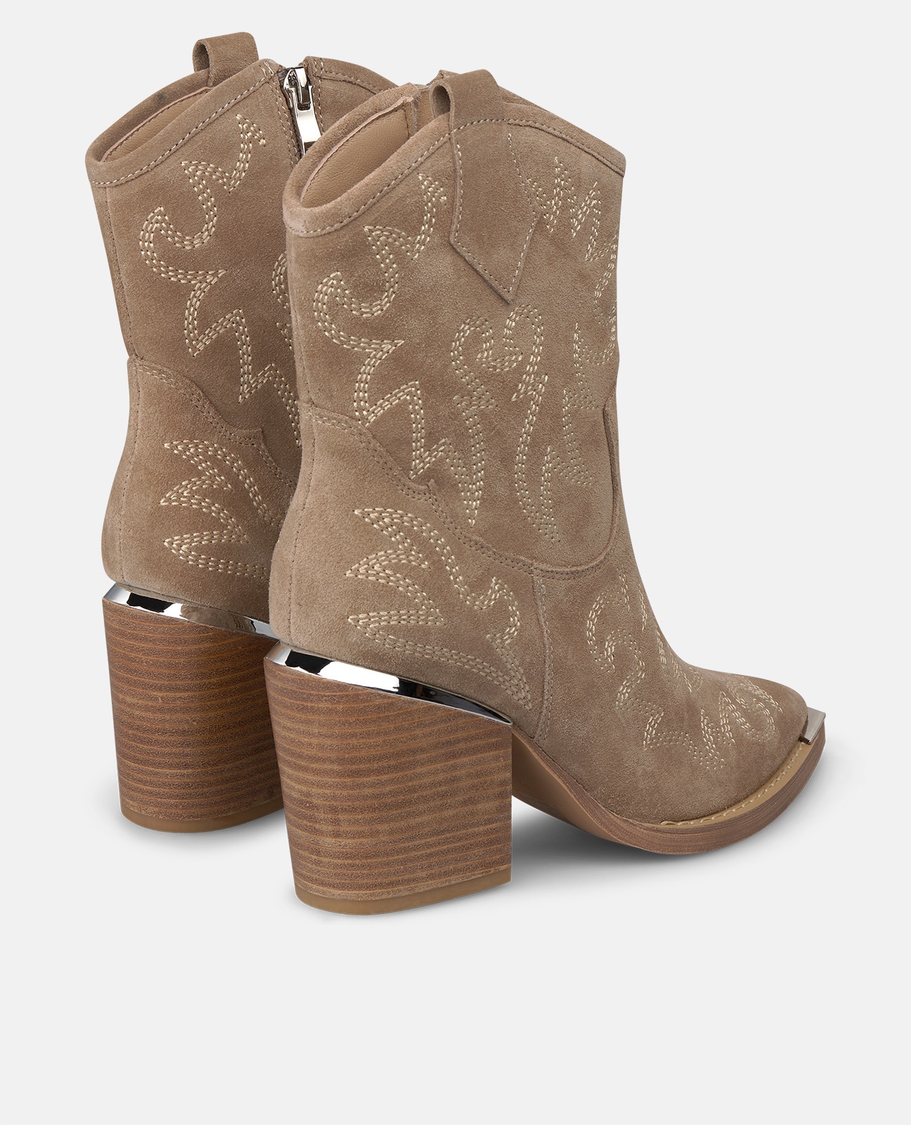 Botines cowboy de mujer en ante con cremallera lateral y detalles bordados - Alma en Pena - Visón Visón-2