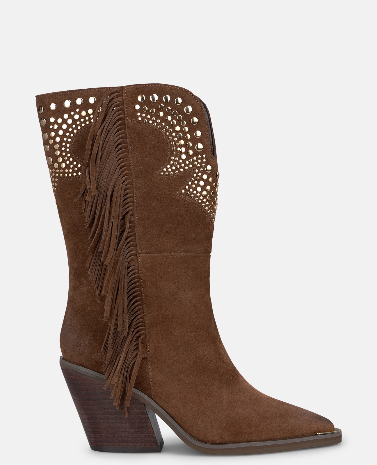 Botines cowboy de mujer en ante con tachas metálicas y flecos - Camel Camel-1