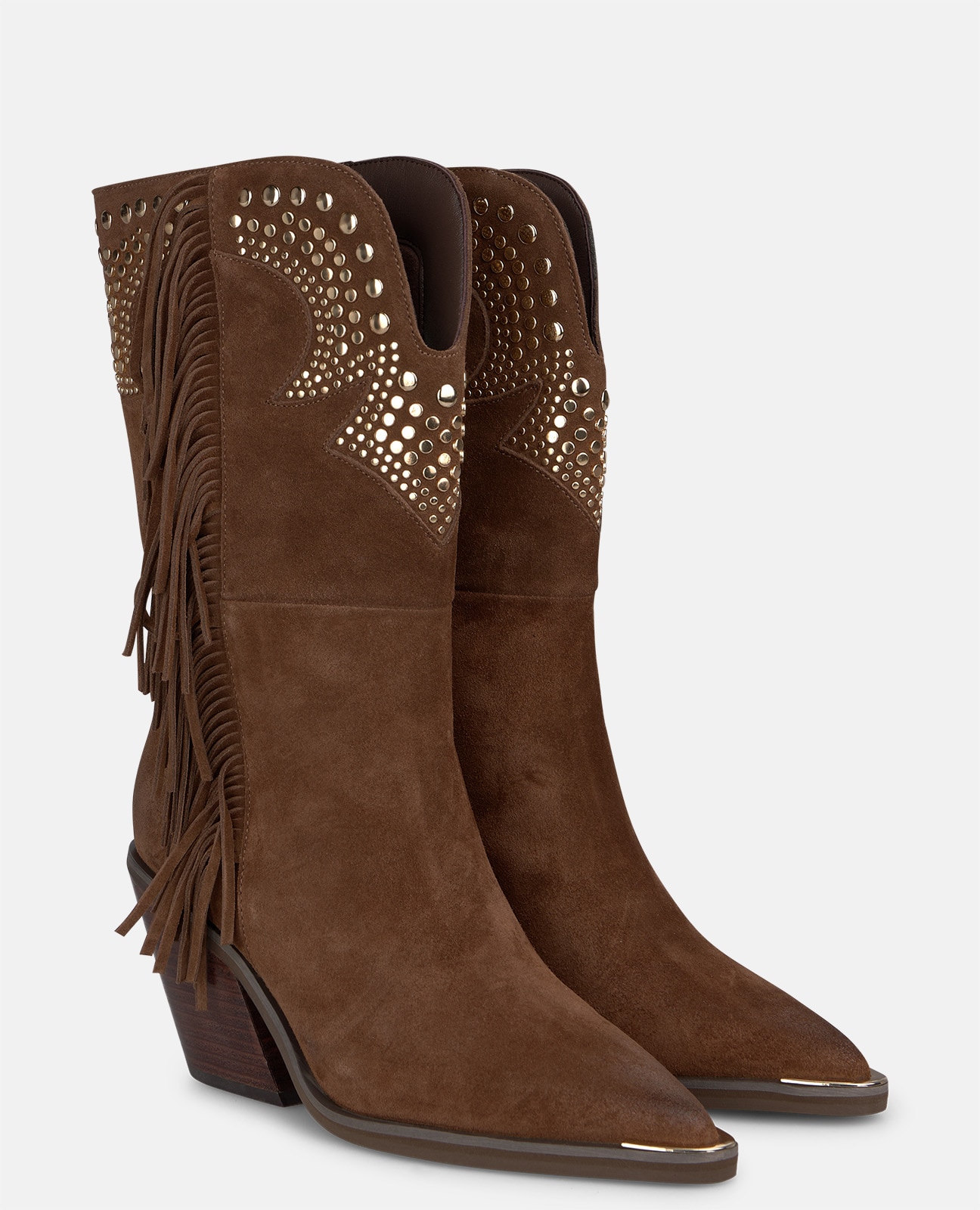 Botines cowboy de mujer en ante con tachas metálicas y flecos - Camel Camel-3