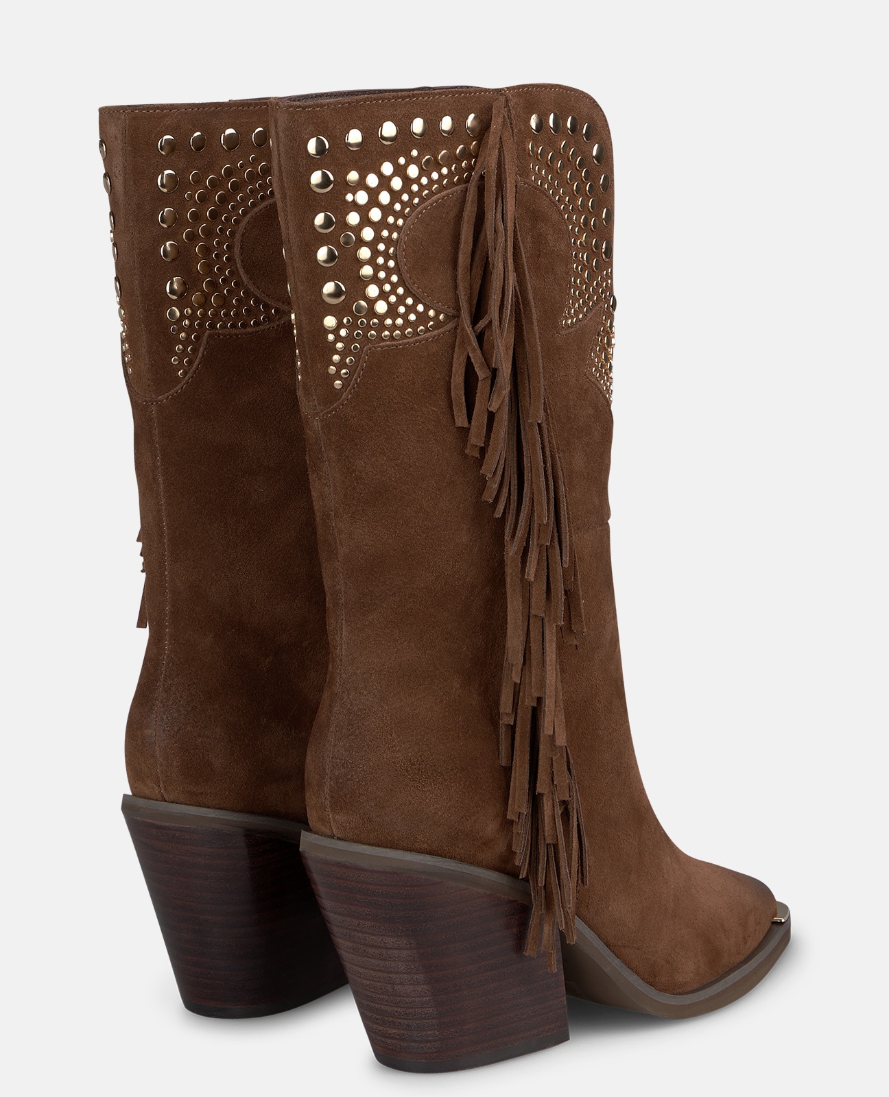 Botines cowboy de mujer en ante con tachas metálicas y flecos - Camel Camel-2