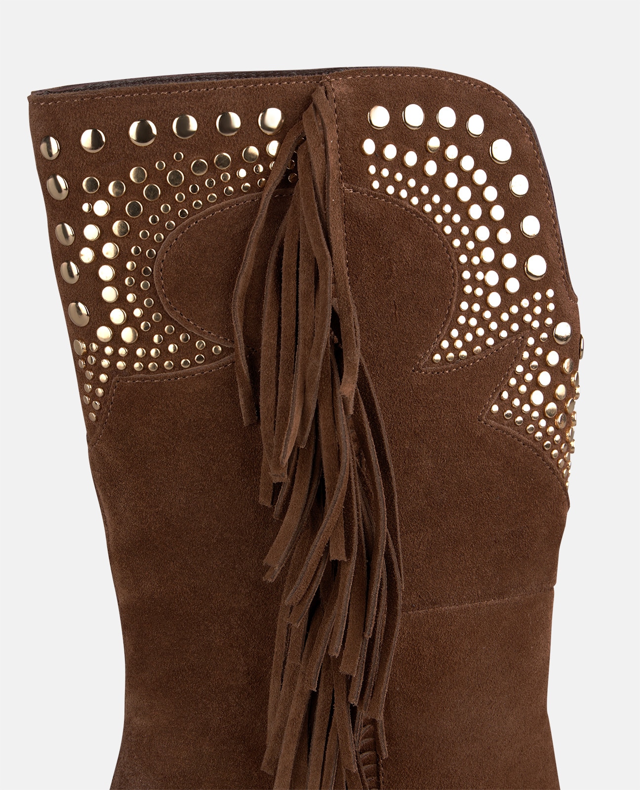 Botines cowboy de mujer en ante con tachas metálicas y flecos - Camel Camel-4