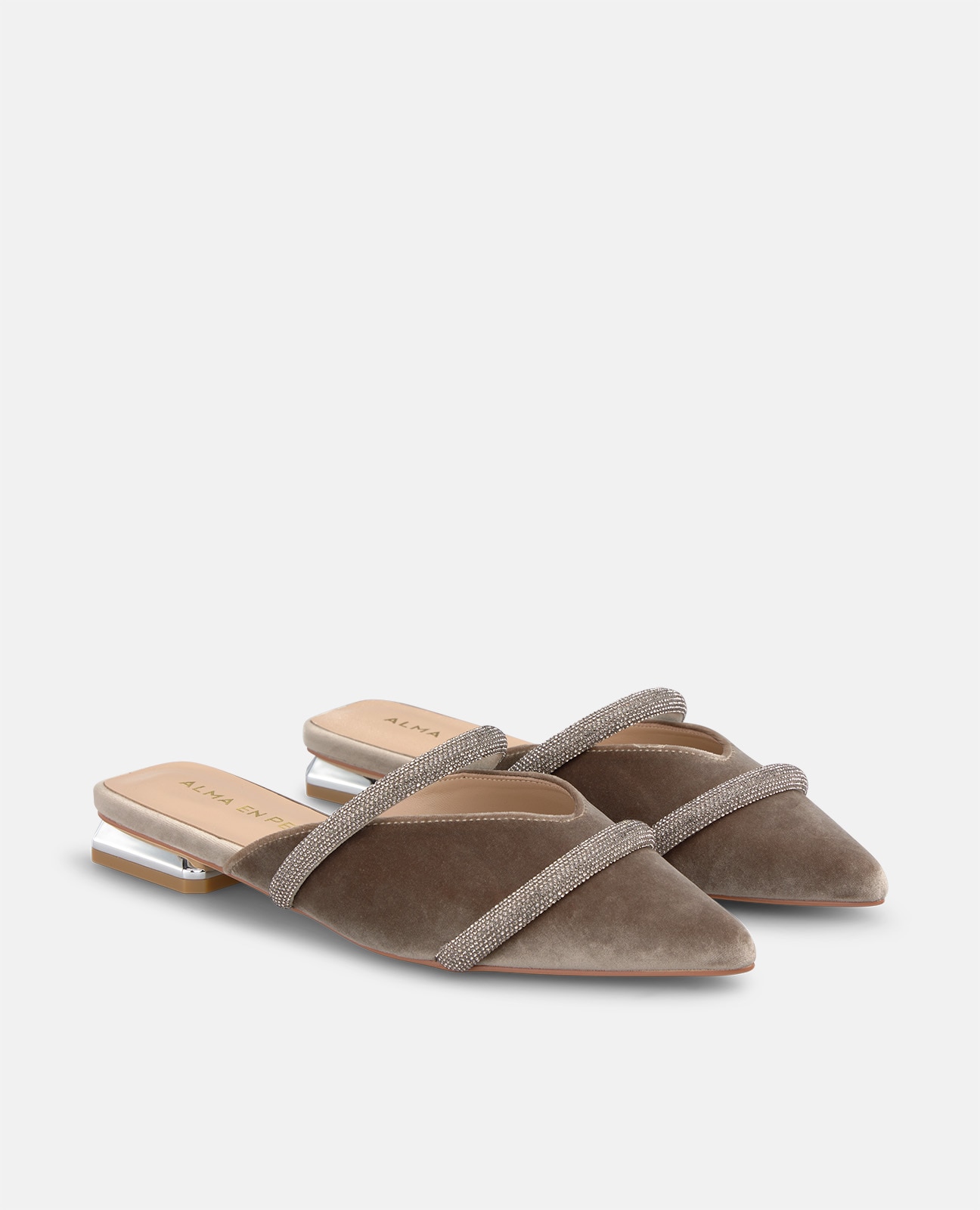 Mule plano de mujer en terciopelo con tiras tubulares - Visón Visón-3