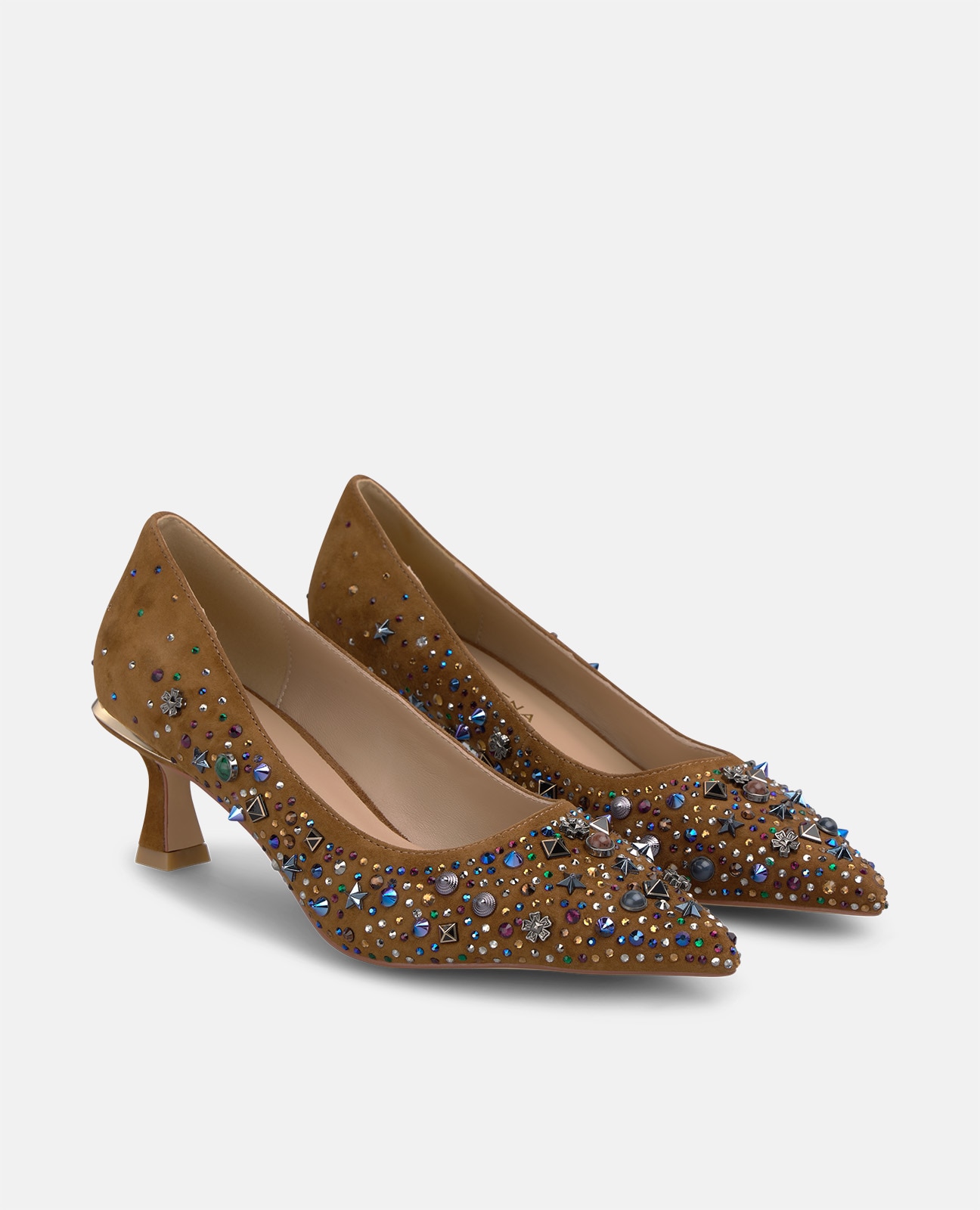 Zapatos de salón de mujer en ante con pedrería multicolor - Camel Camel-3