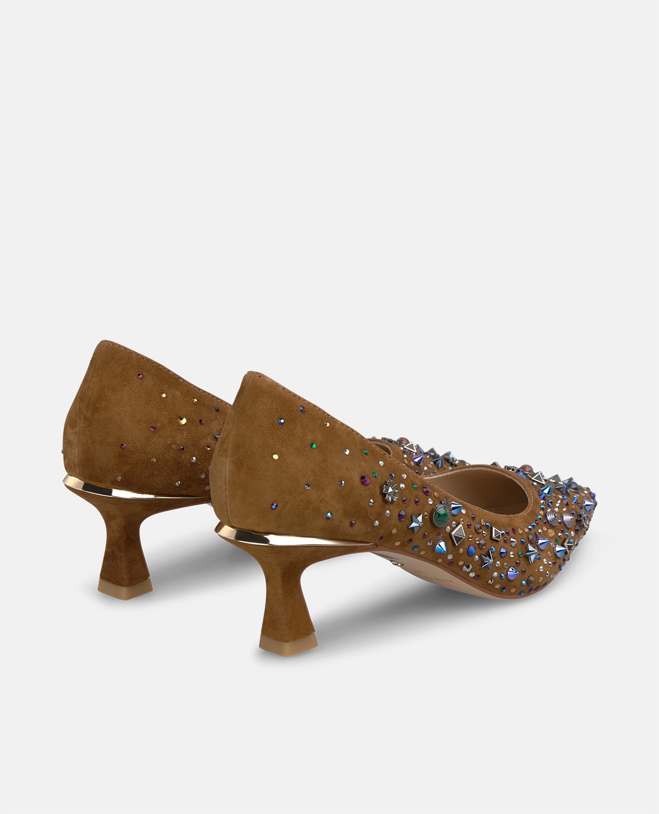 Zapatos de salón de mujer en ante con pedrería multicolor - Camel Camel-2