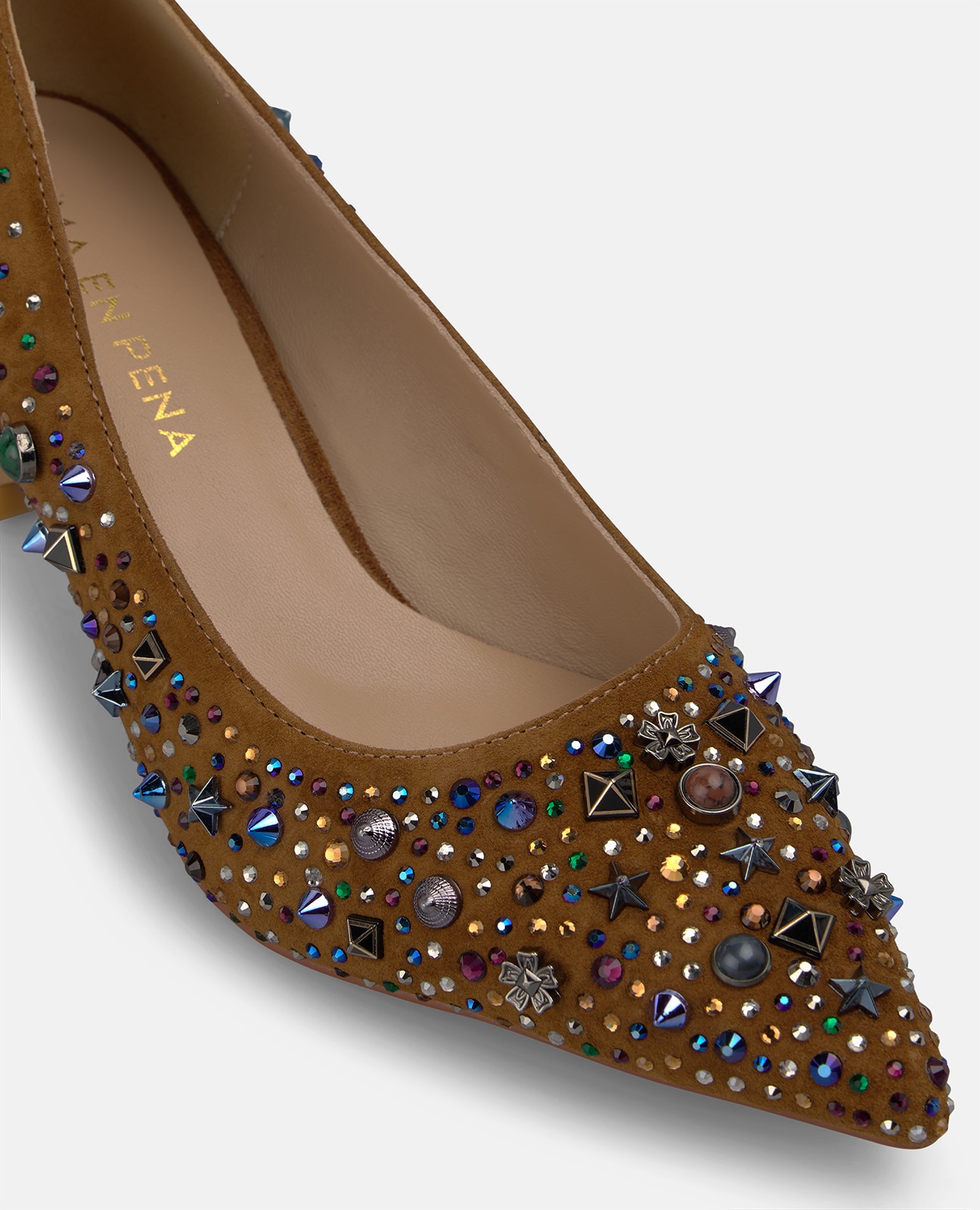 Zapatos de salón de mujer en ante con pedrería multicolor - Camel Camel-4