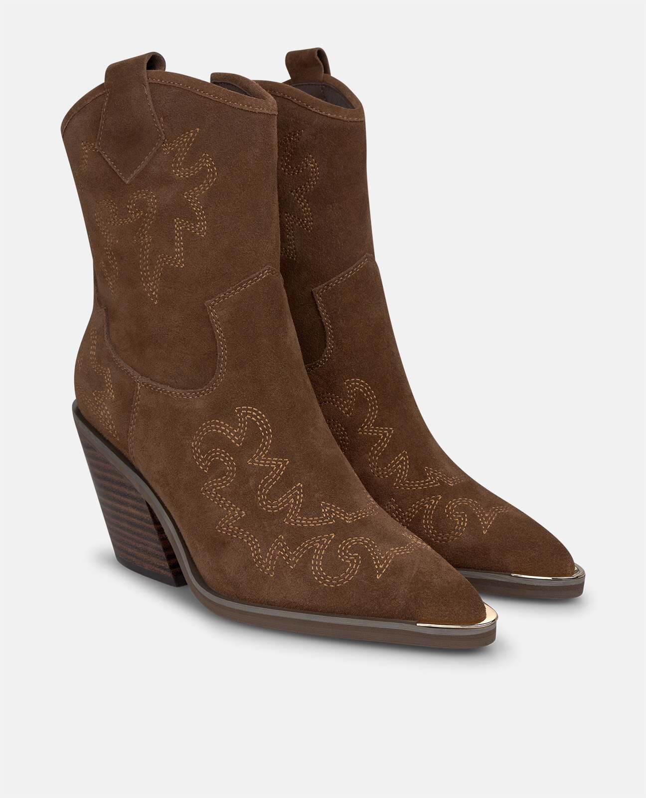Botines cowboy de mujer en ante con detalles bordados - Camel Camel-3