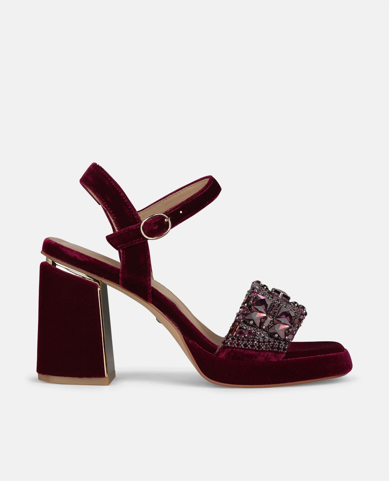 Sandalias de tacón de mujer en terciopelo con detalle joyas en el empeine - Alma en Pena - Burdeos Burdeos-1