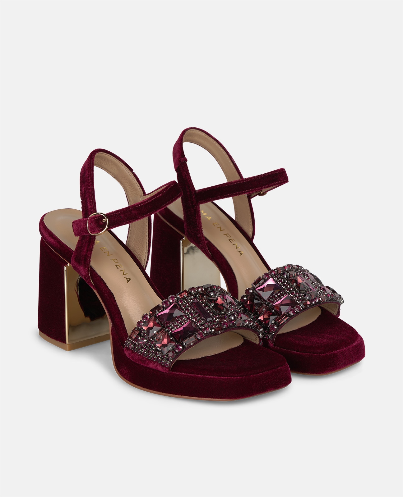 Sandalias de tacón de mujer en terciopelo con detalle joyas en el empeine - Alma en Pena - Burdeos Burdeos-3