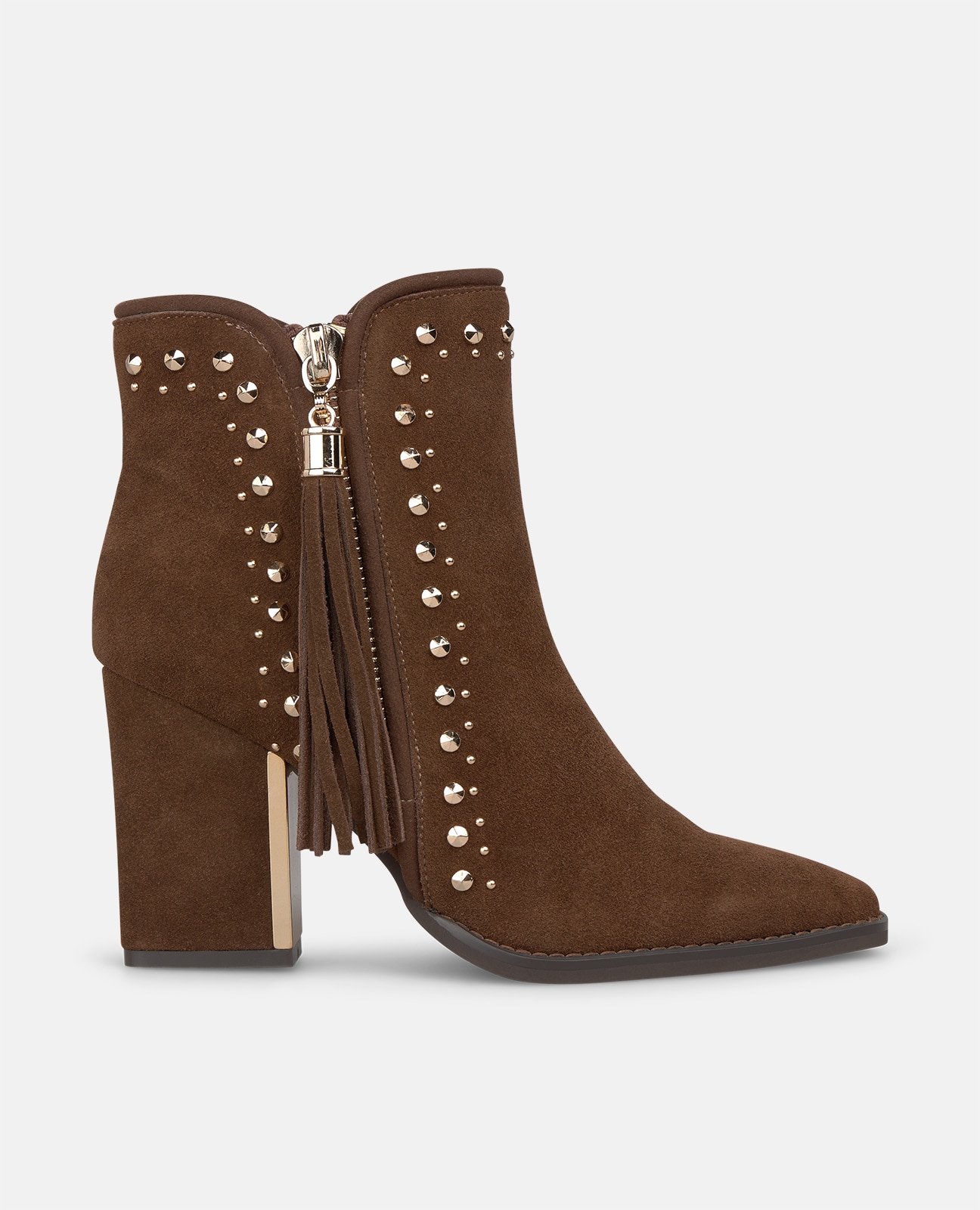 Imagen 1 de Botines básicos de mujer en piel serraje con tachas metálicas Camel