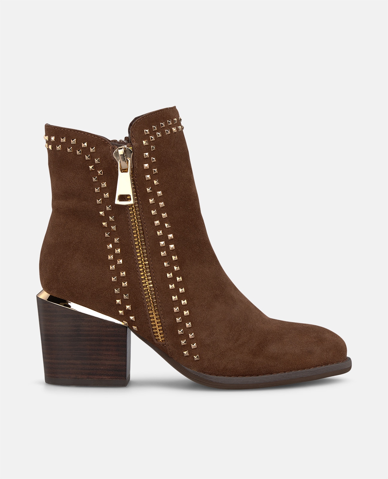 Botines básicos de mujer en ante con tachas metálicas cuadradas - Alma en Pena - Camel Camel-1