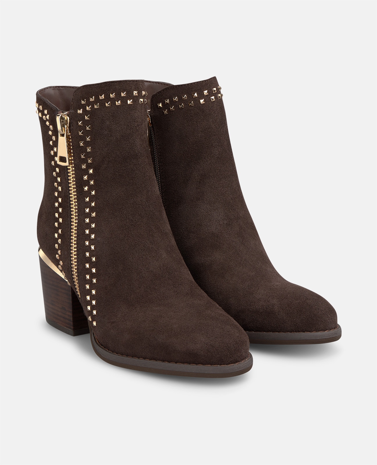 Botines básicos de mujer en ante con tachas metálicas cuadradas - Alma en Pena - Marrón Marrón-3