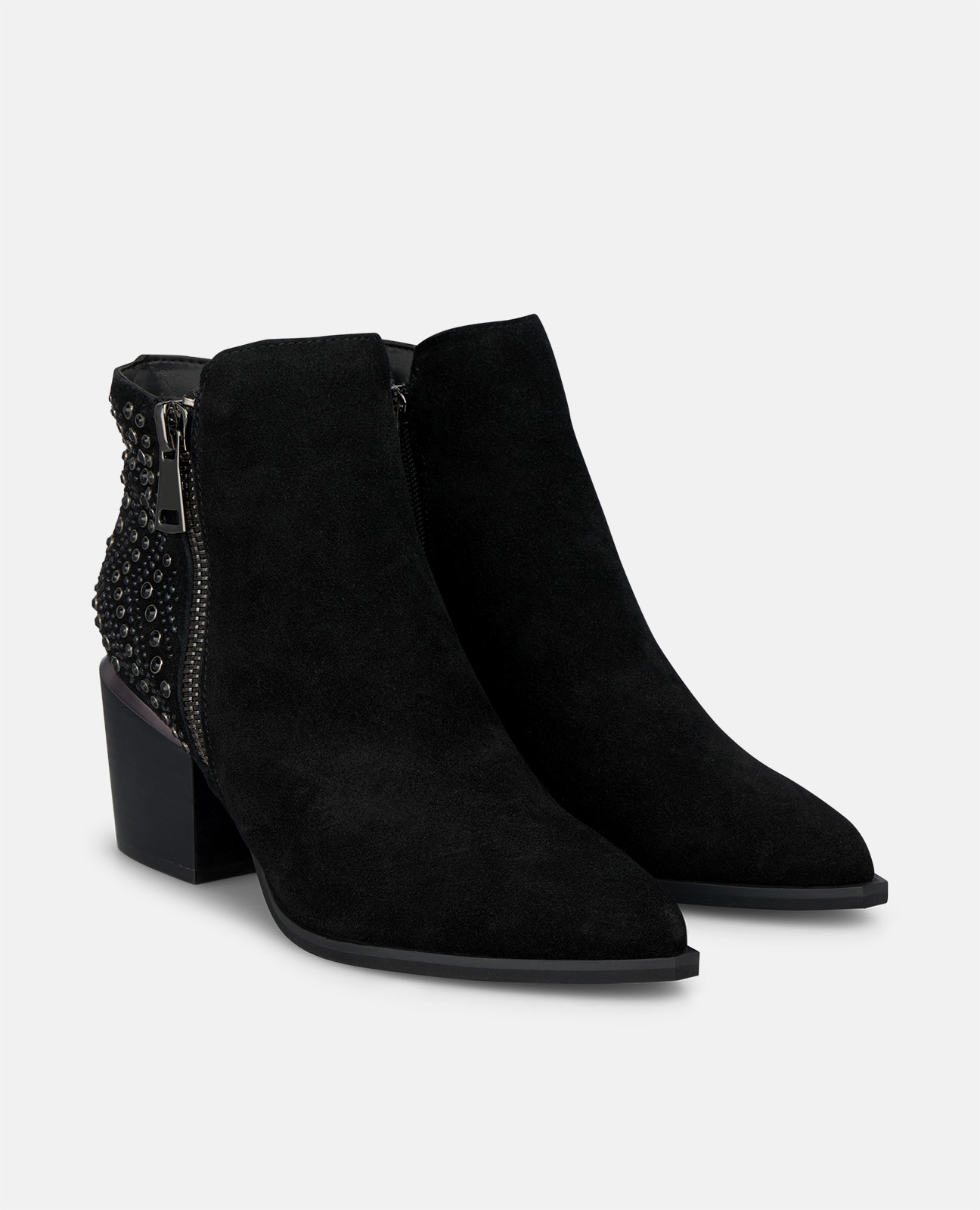 Botines básicos en ante con cierre de cremallera y pedrería - Alma en Pena - Negro Negro-3