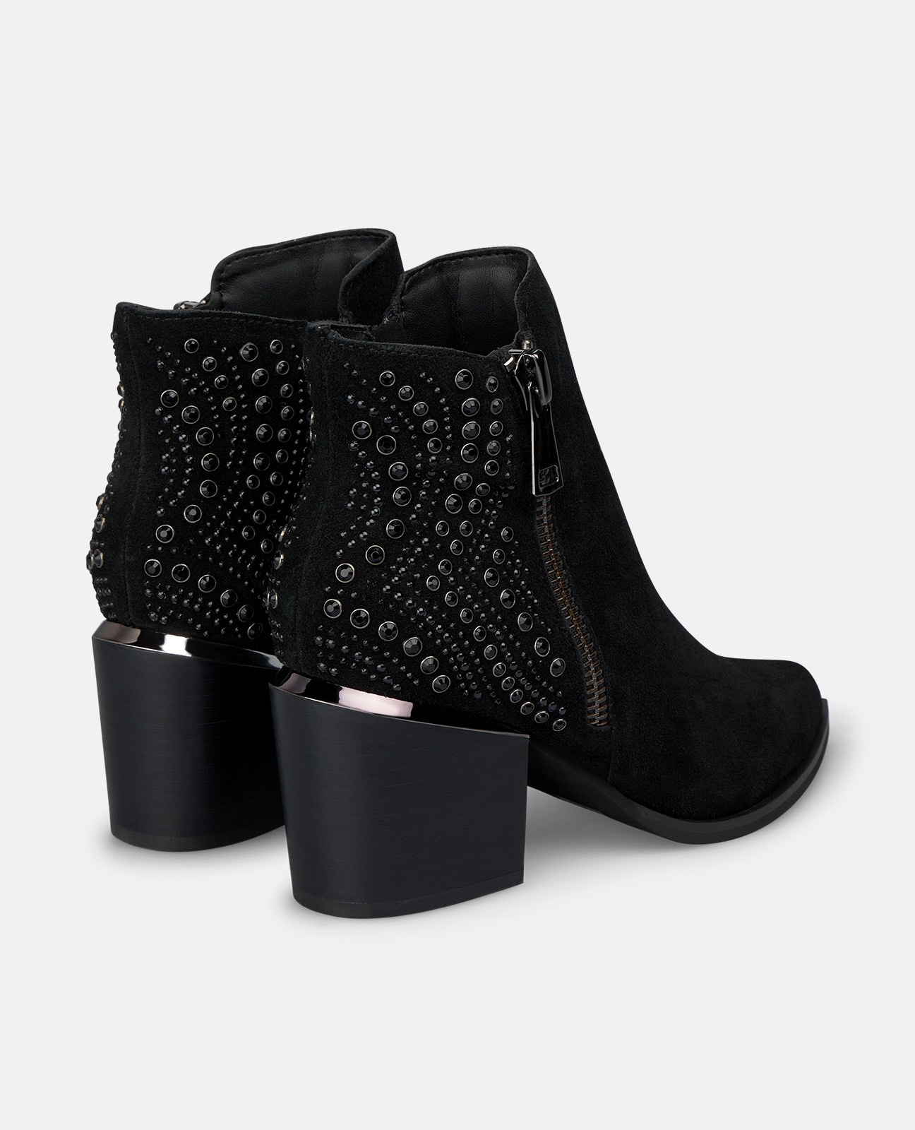 Botines básicos en ante con cierre de cremallera y pedrería - Alma en Pena - Negro Negro-2