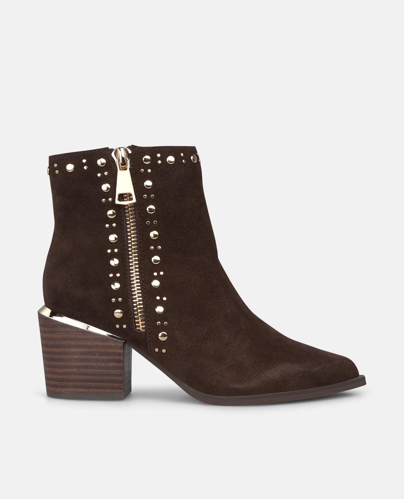 Imagen 1 de Botines básicos de mujer en piel serraje con tachas metálicas Marrón