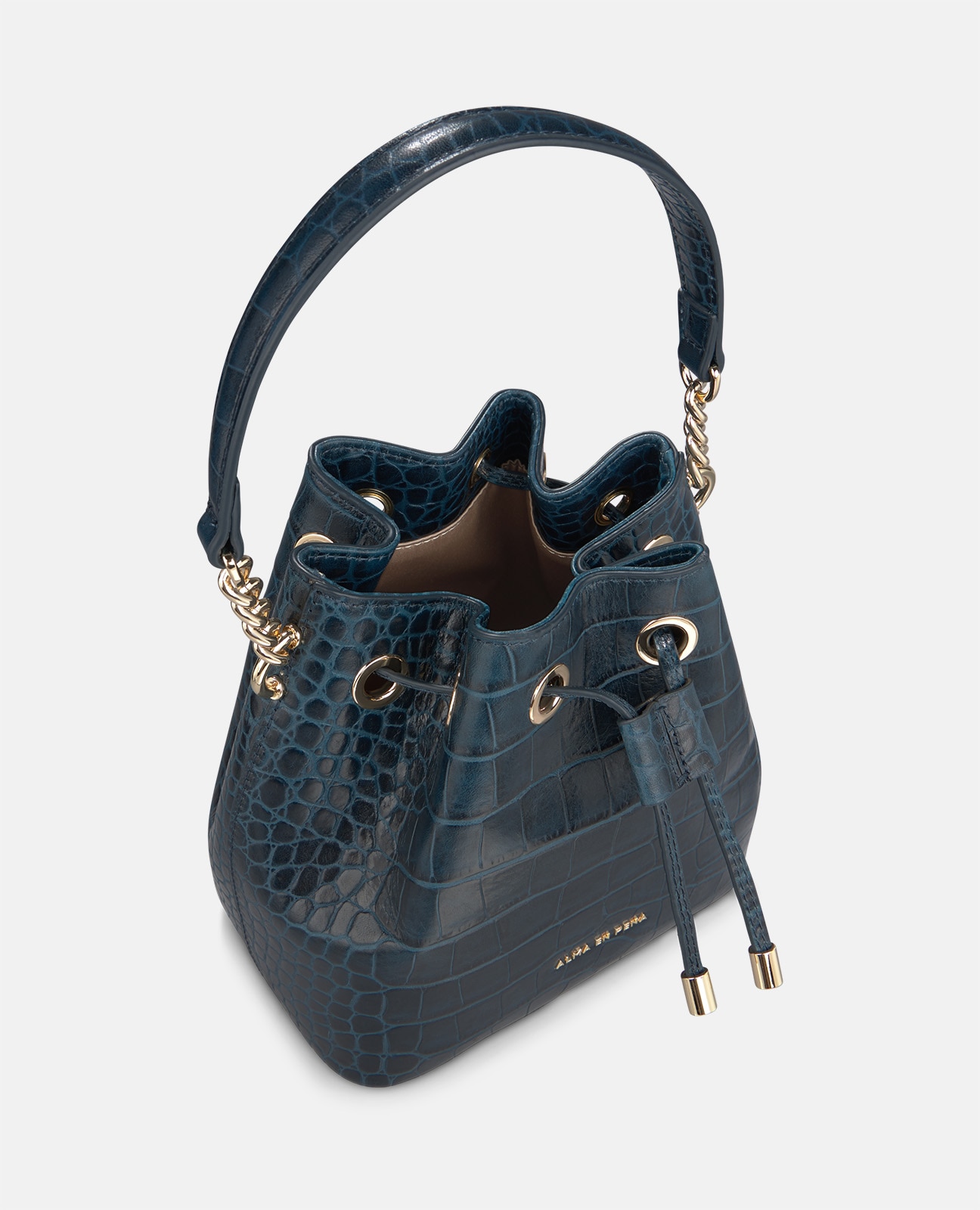 Bolso bombonera de piel con cierre de cordón - Alma en Pena - Azul marino Azul marino-5