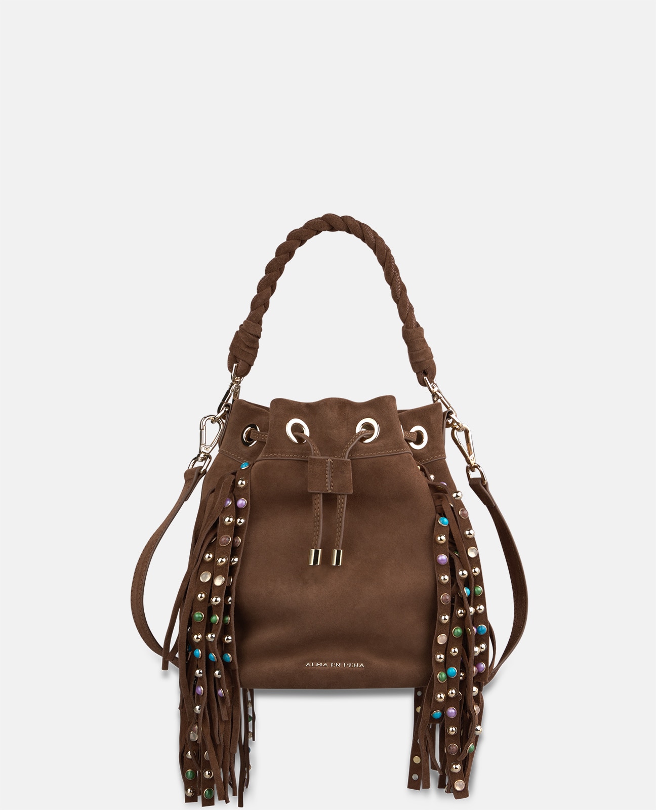 Bolso bombonera de piel serraje con flecos - Alma en Pena - Camel Camel-3