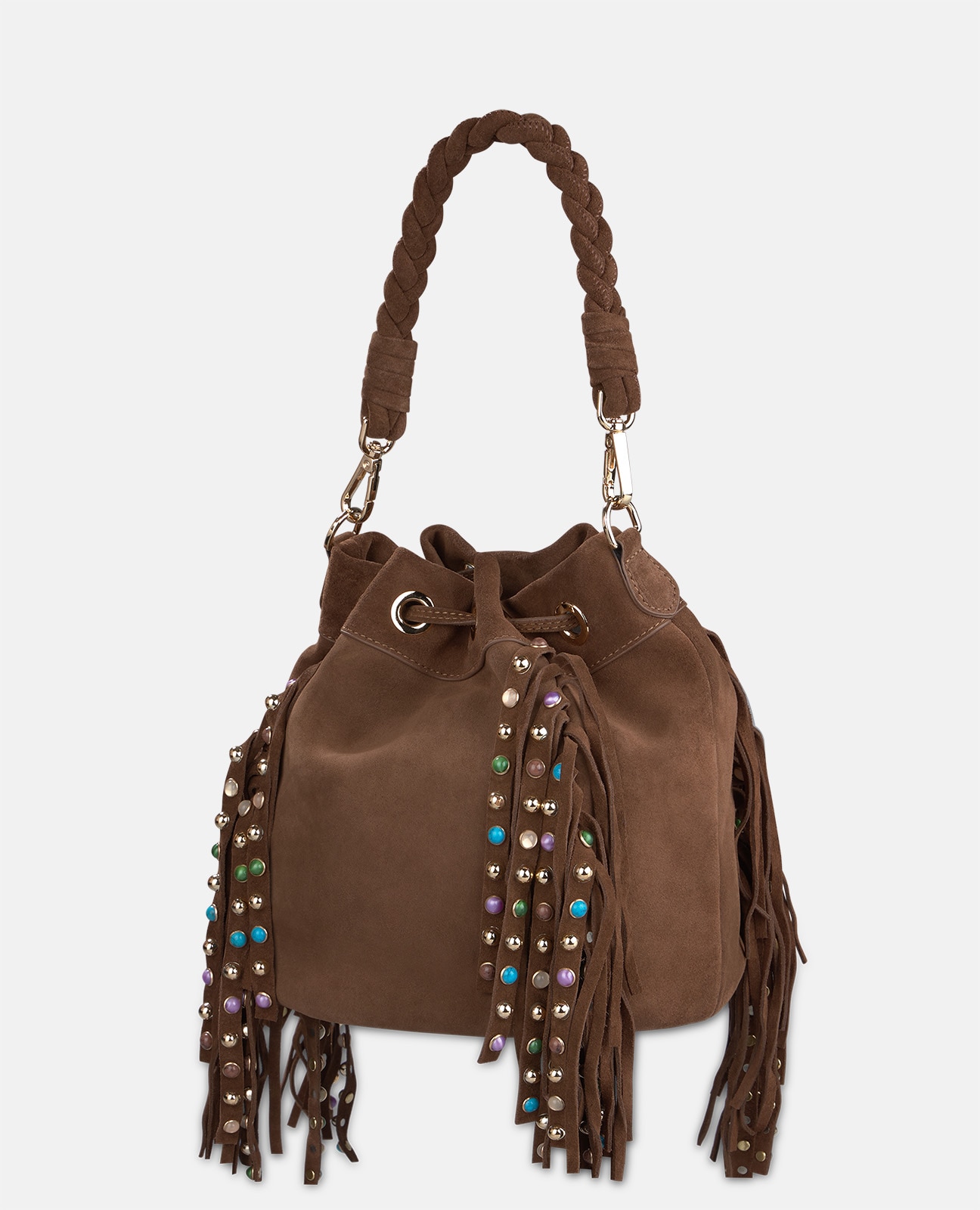 Bolso bombonera de piel serraje con flecos - Alma en Pena - Camel Camel-4