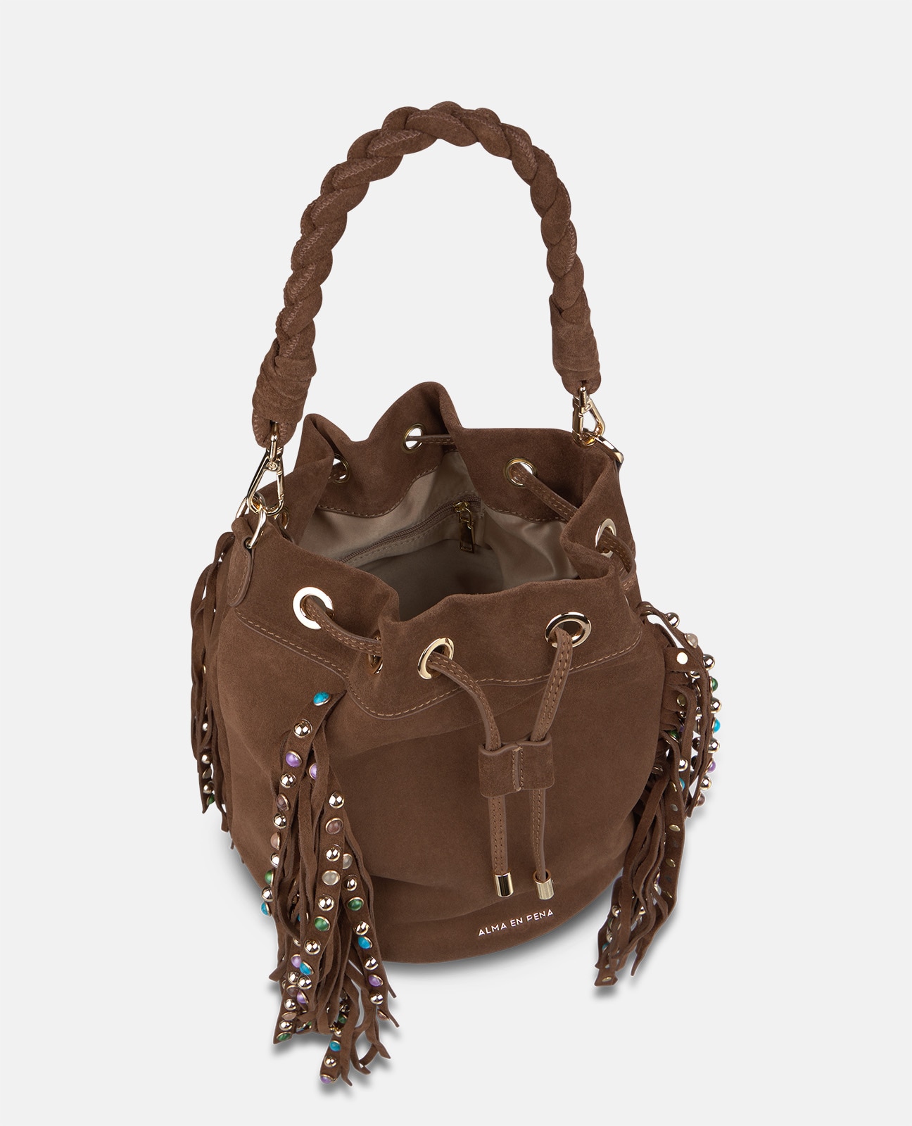 Bolso bombonera de piel serraje con flecos - Alma en Pena - Camel Camel-5