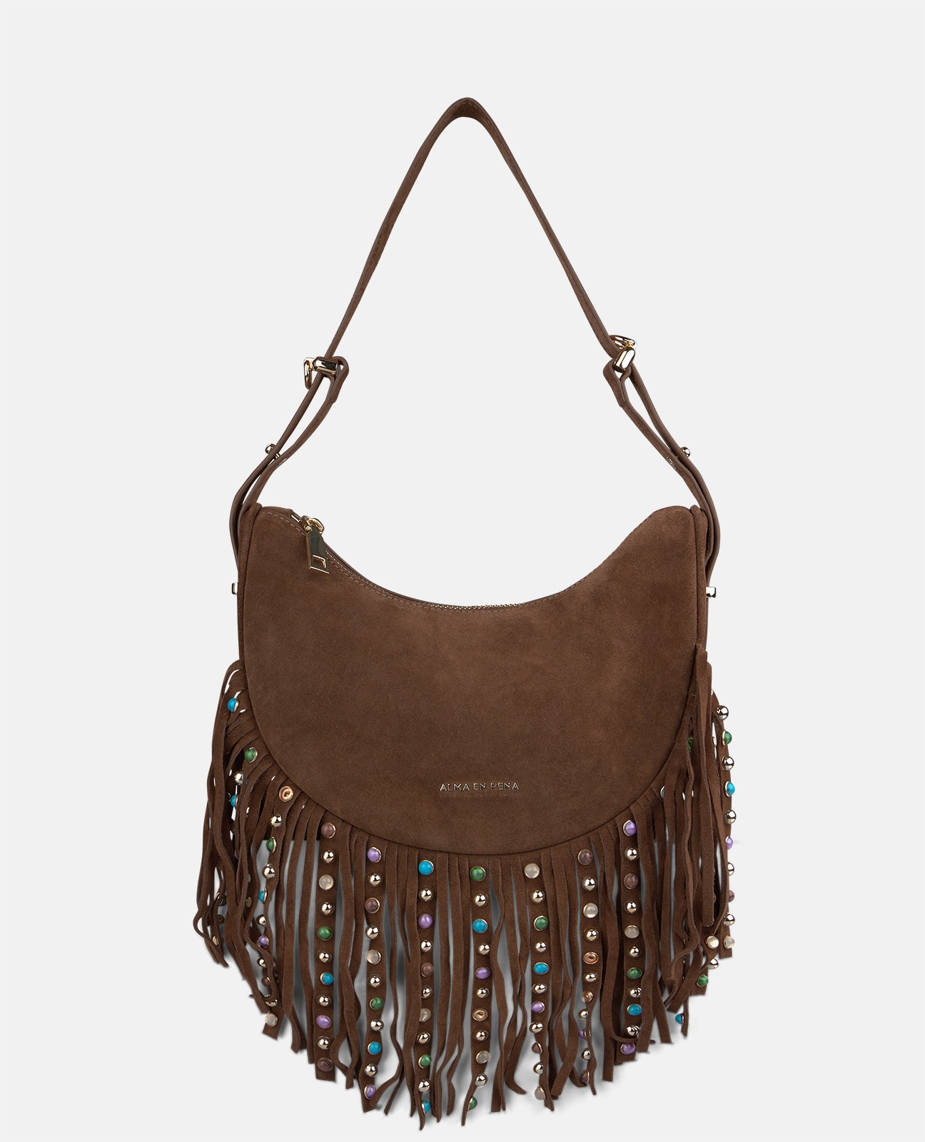 Imagen 0 de Bolso media luna de piel serraje con flecos Camel
