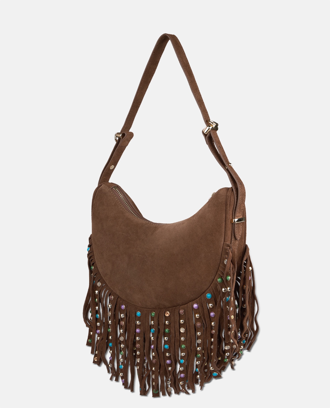Bolso media luna de piel serraje con flecos - Alma en Pena - Camel Camel-6