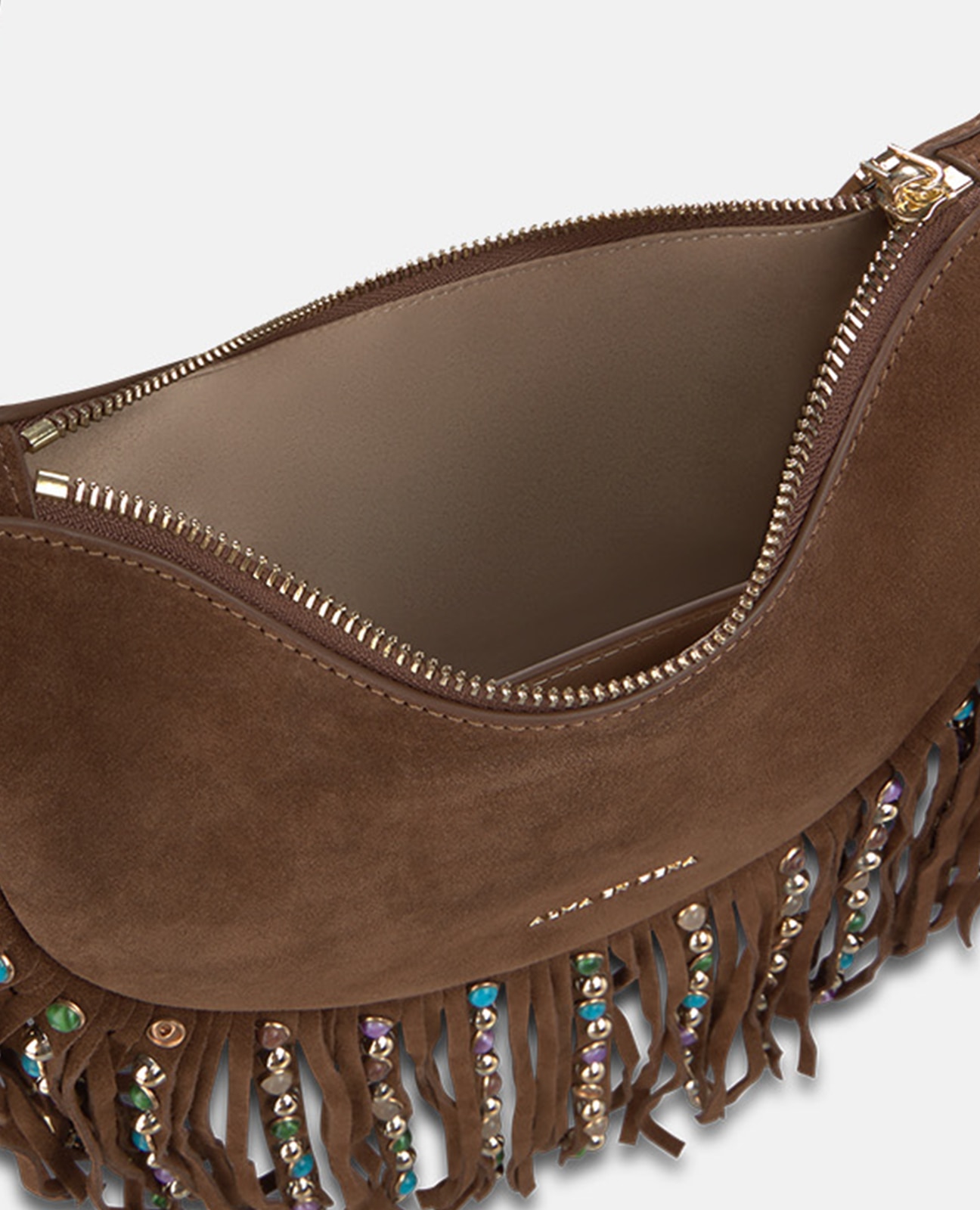 Bolso media luna de piel serraje con flecos - Alma en Pena - Camel Camel-5