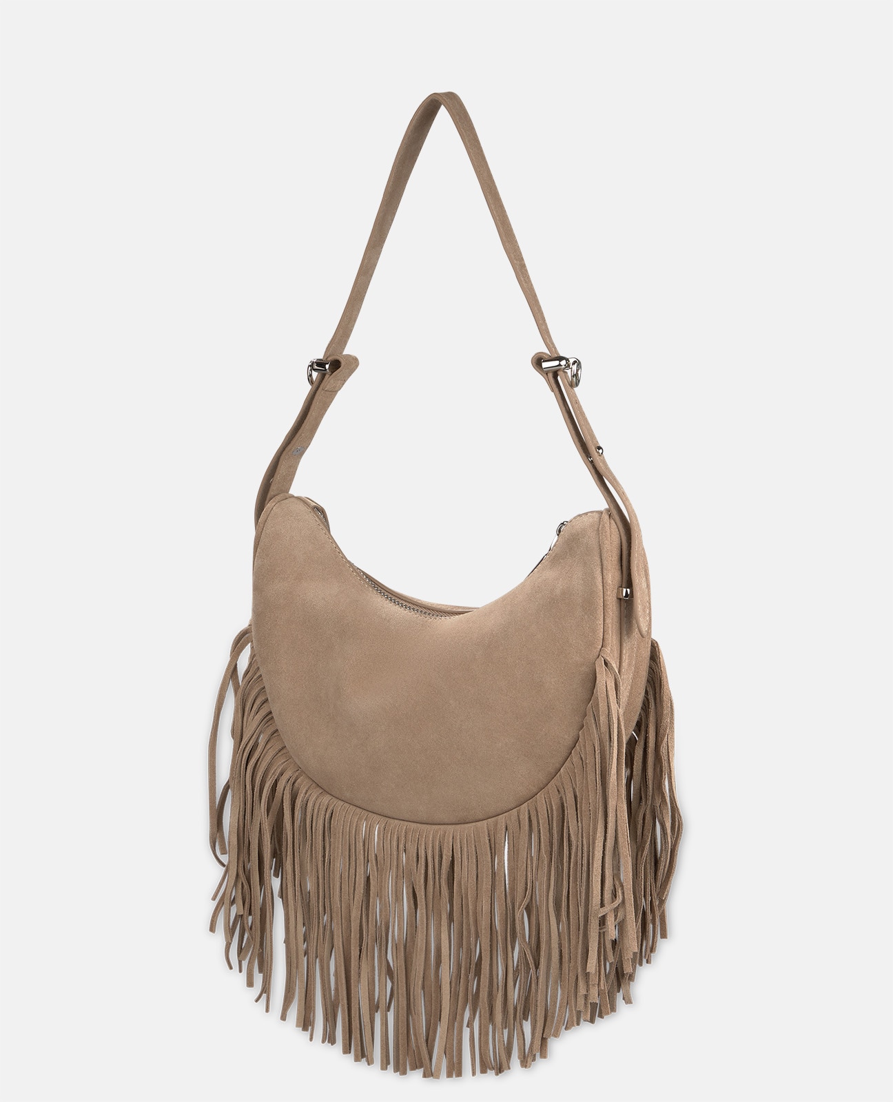 Bolso media luna de piel serraje con flecos - Alma en Pena - Topo Topo-4