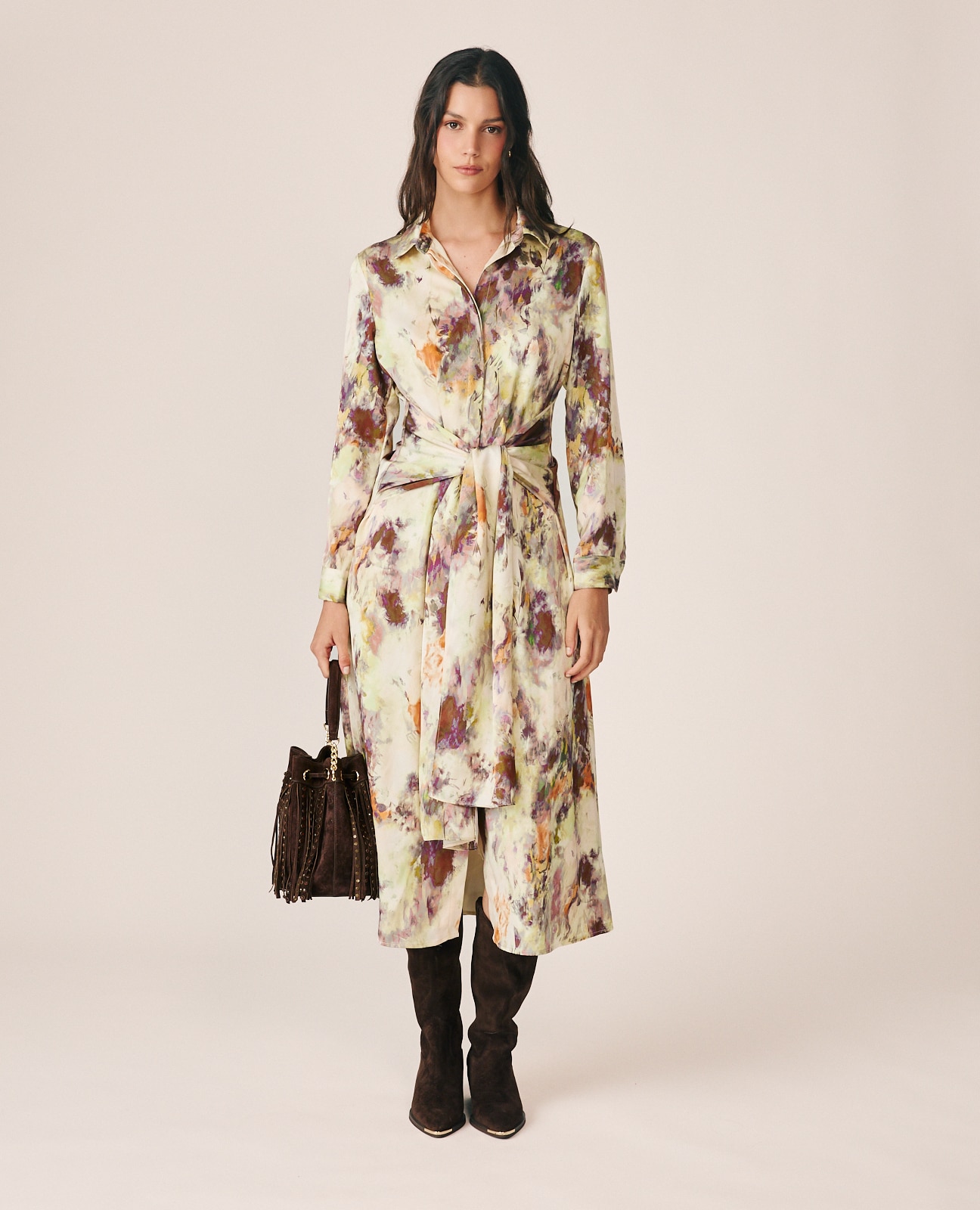 Vestido midi con cuello camisero y estampado acuarela - Alma en Pena - Multicolor Multicolor-2