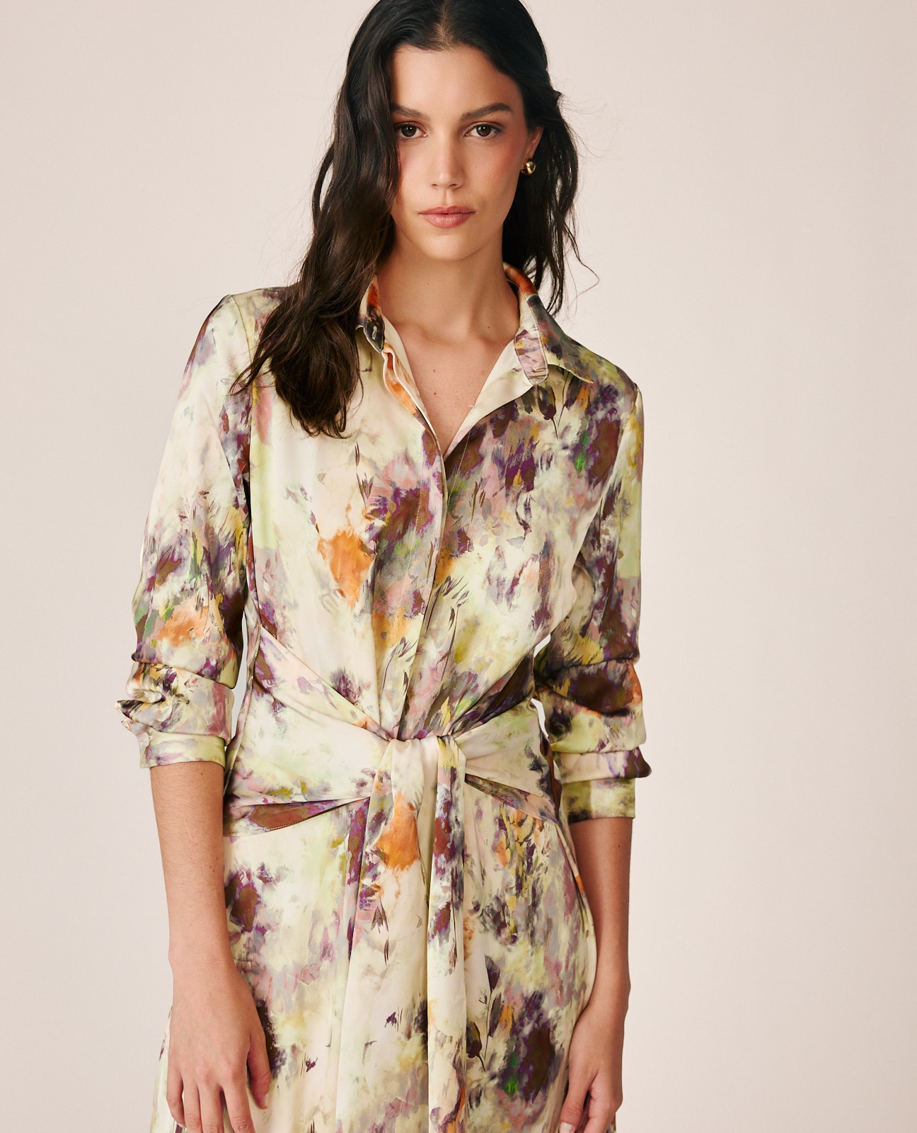 Vestido midi con cuello camisero y estampado acuarela - Alma en Pena - Multicolor Multicolor-3