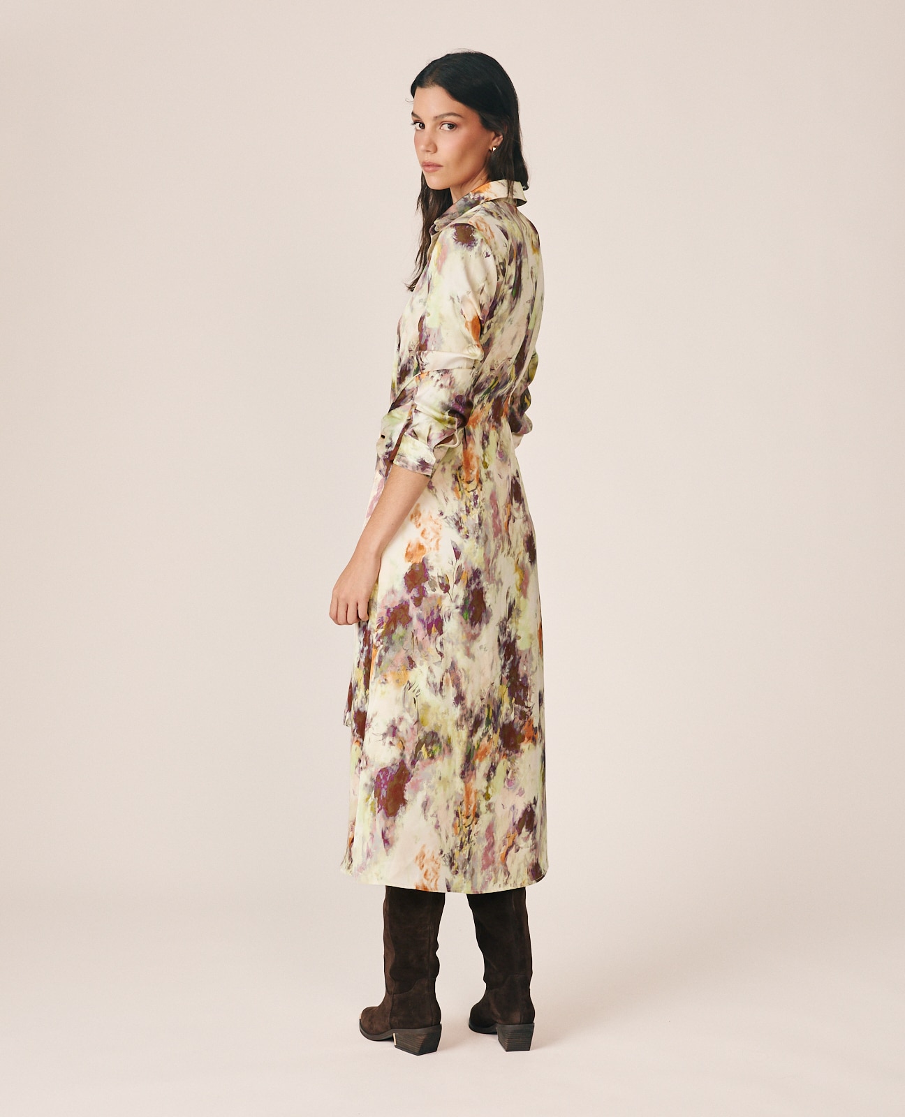 Vestido midi con cuello camisero y estampado acuarela - Alma en Pena - Multicolor Multicolor-5