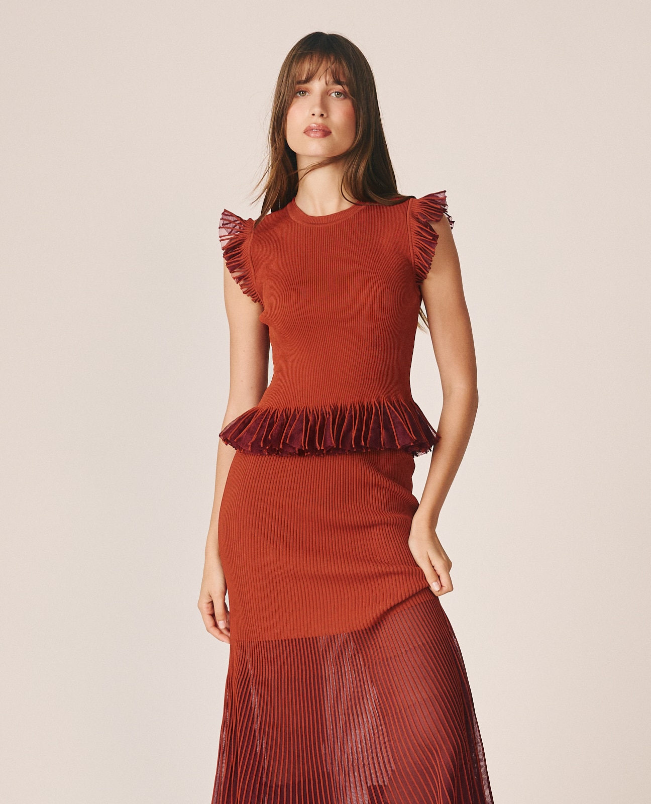 Top de mujer canalé con volantes - Alma en Pena - Rojo Teja Rojo Teja-3