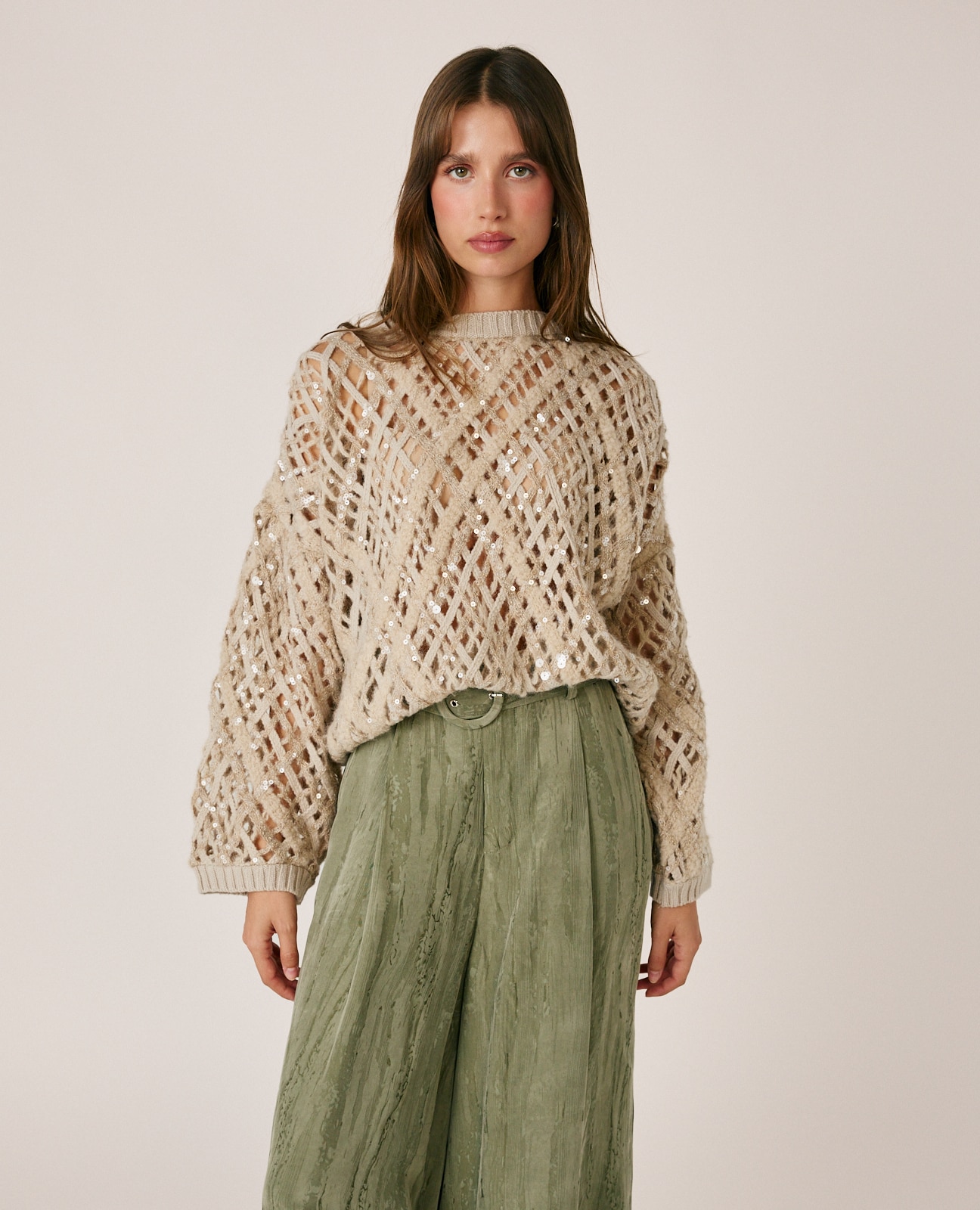 Jersey de mujer en rejilla con lentejuelas - Alma en Pena - Crema Crema-1