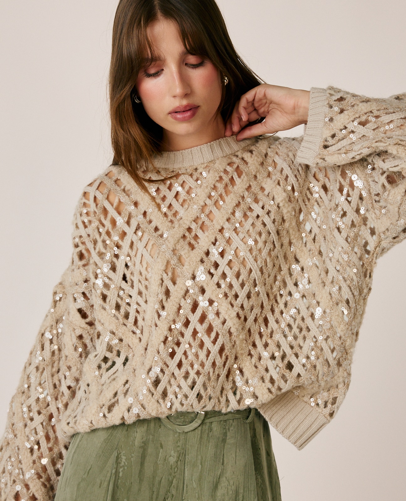 Jersey de mujer en rejilla con lentejuelas - Alma en Pena - Crema Crema-2