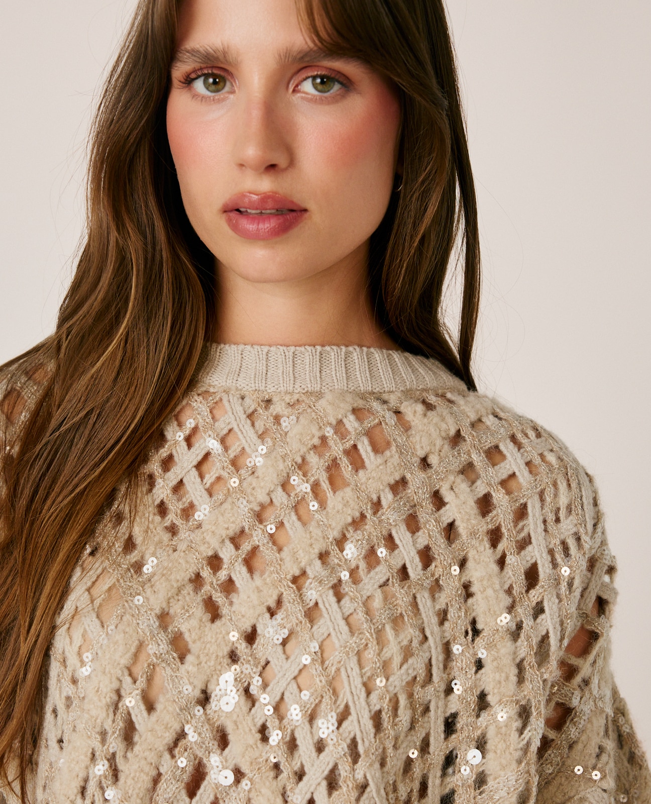 Jersey de mujer en rejilla con lentejuelas - Alma en Pena - Crema Crema-3