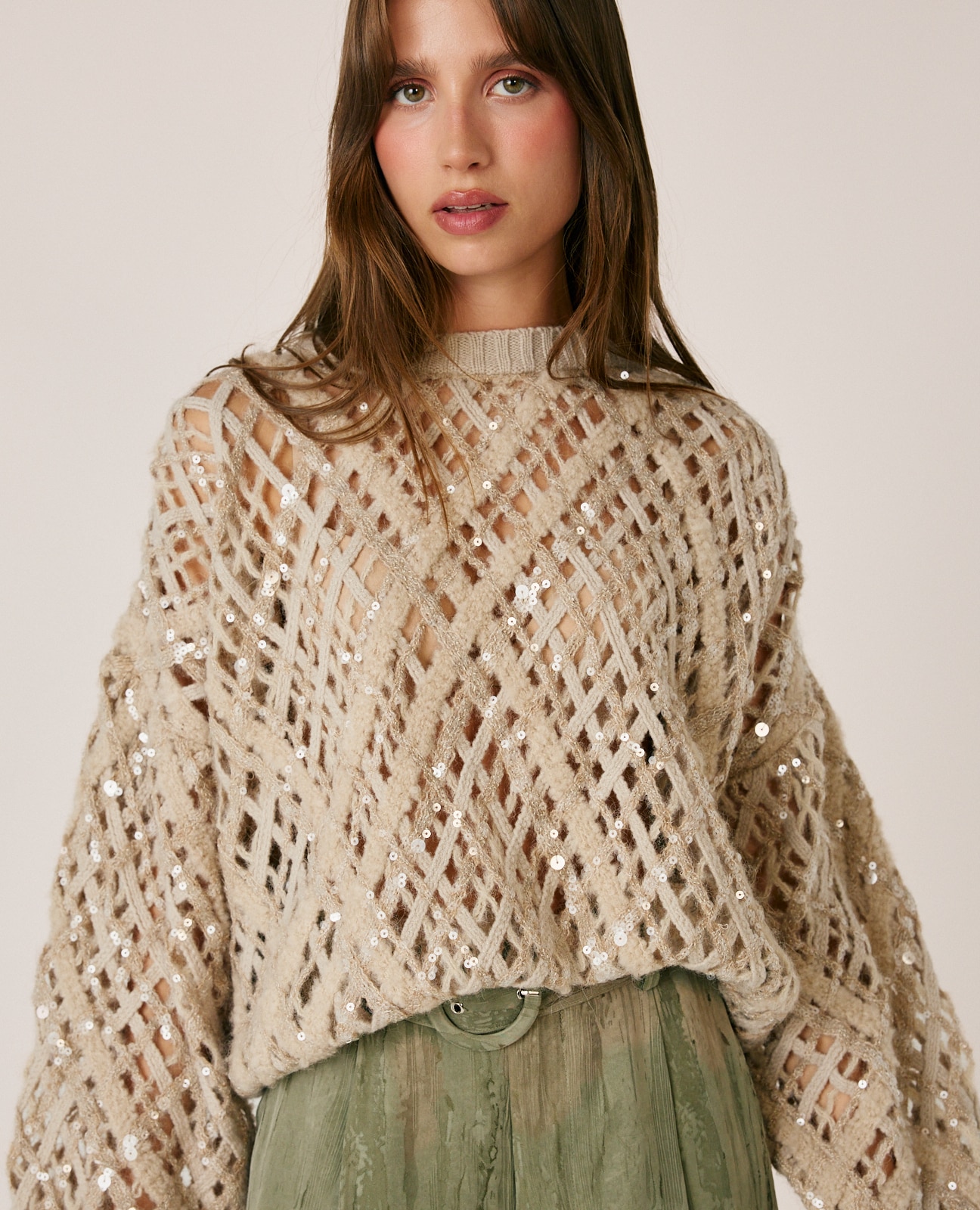 Jersey de mujer en rejilla con lentejuelas - Alma en Pena - Crema Crema-4